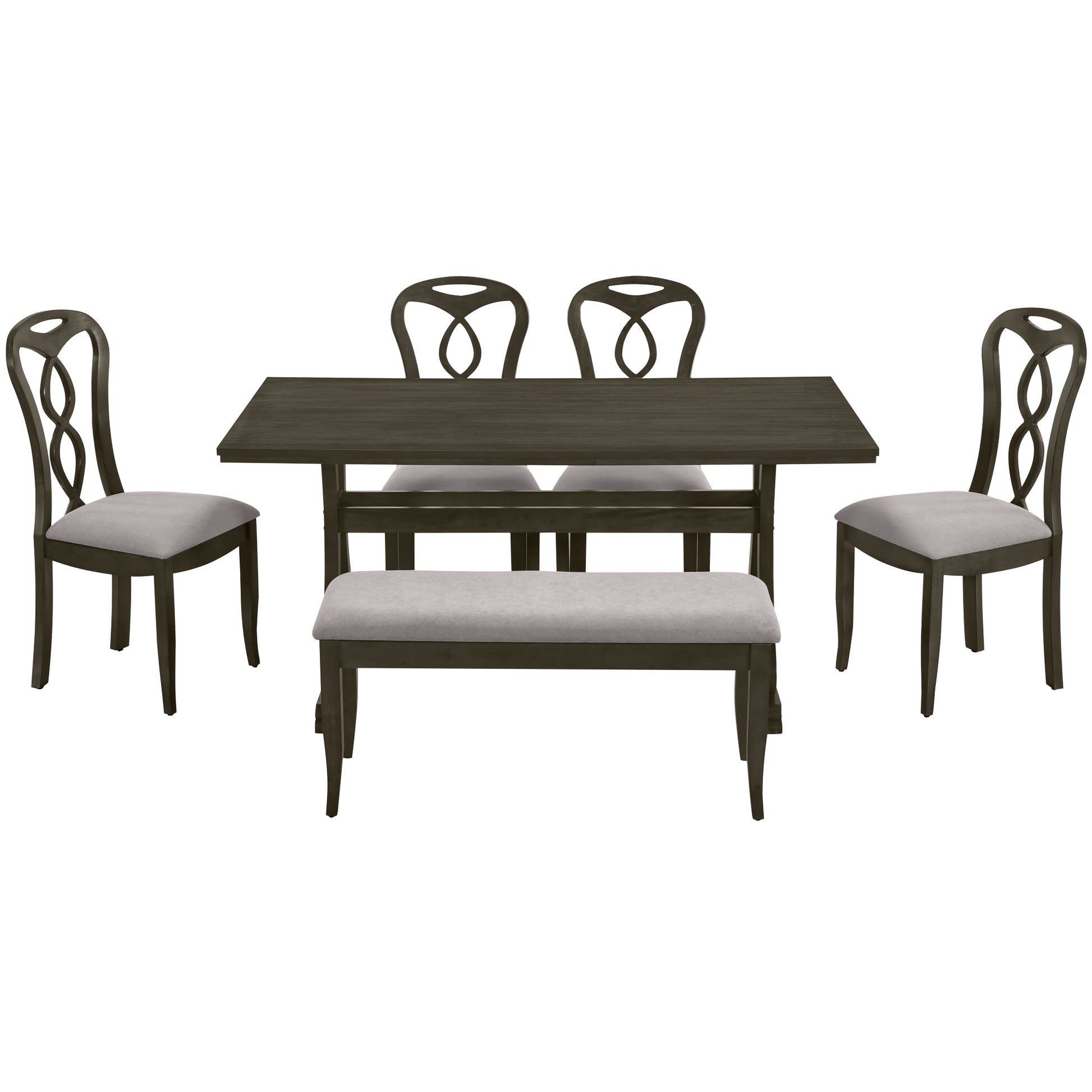 Retro 6 Piece Trestle Dining Table Set With Upholstered Dining Chairs And Dining Bench, Smooth Dining Backs For Dining Room, Living Room, Kitchen, Gray Gray Wood Dining Room Solid Wood Rubberwood Rectangular Dining Table With Chair And Bench Upholstered
