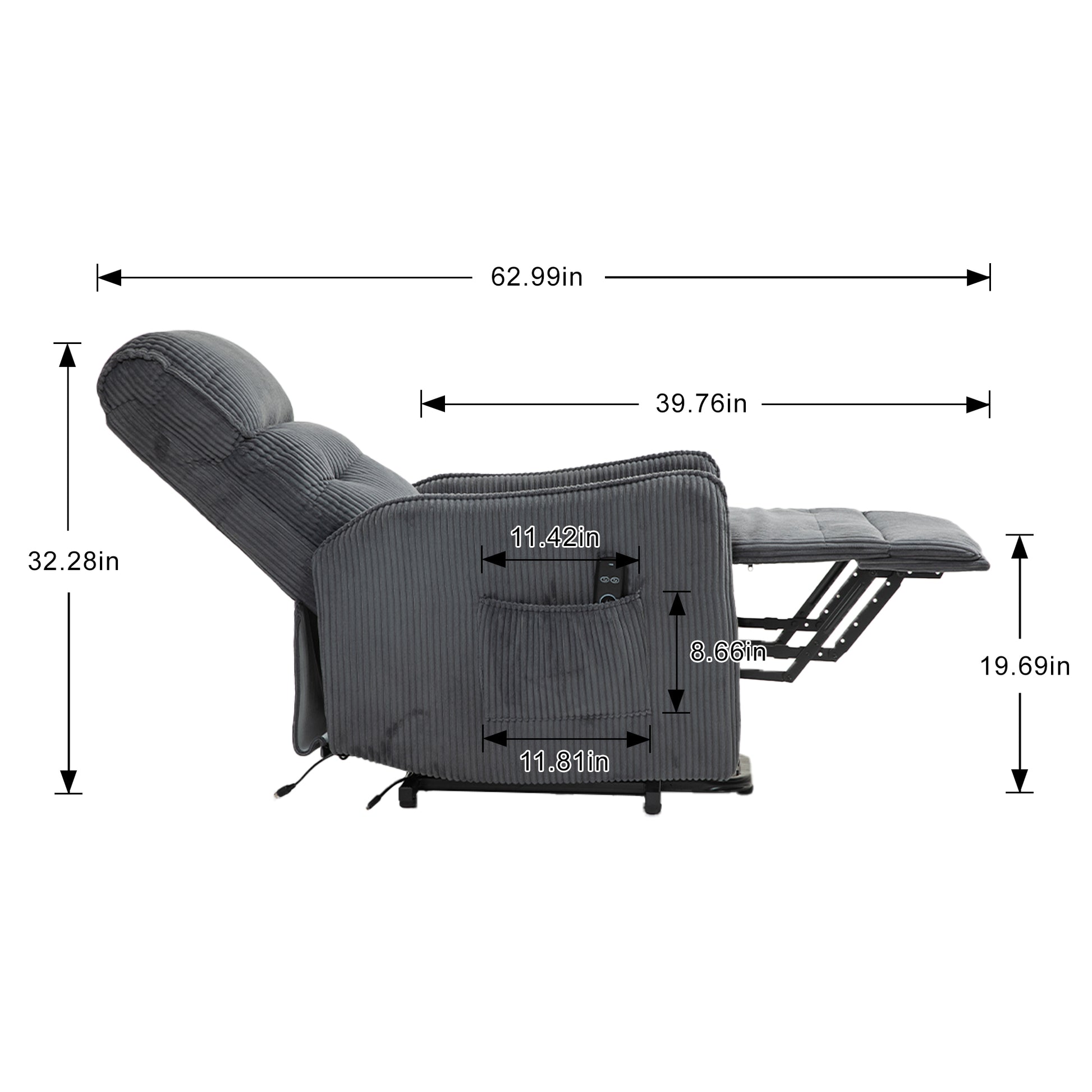 Coolmore Recliner Chair, Electric Recliner Chairs For Adults, Side Pocket Power Reclining Chair Pocket Springs Seat Cushion, Corduroy Fabric Recliner Sofa For Living Room, Bedroom, Home Theater Dg Dark Gray Foam Corduroy