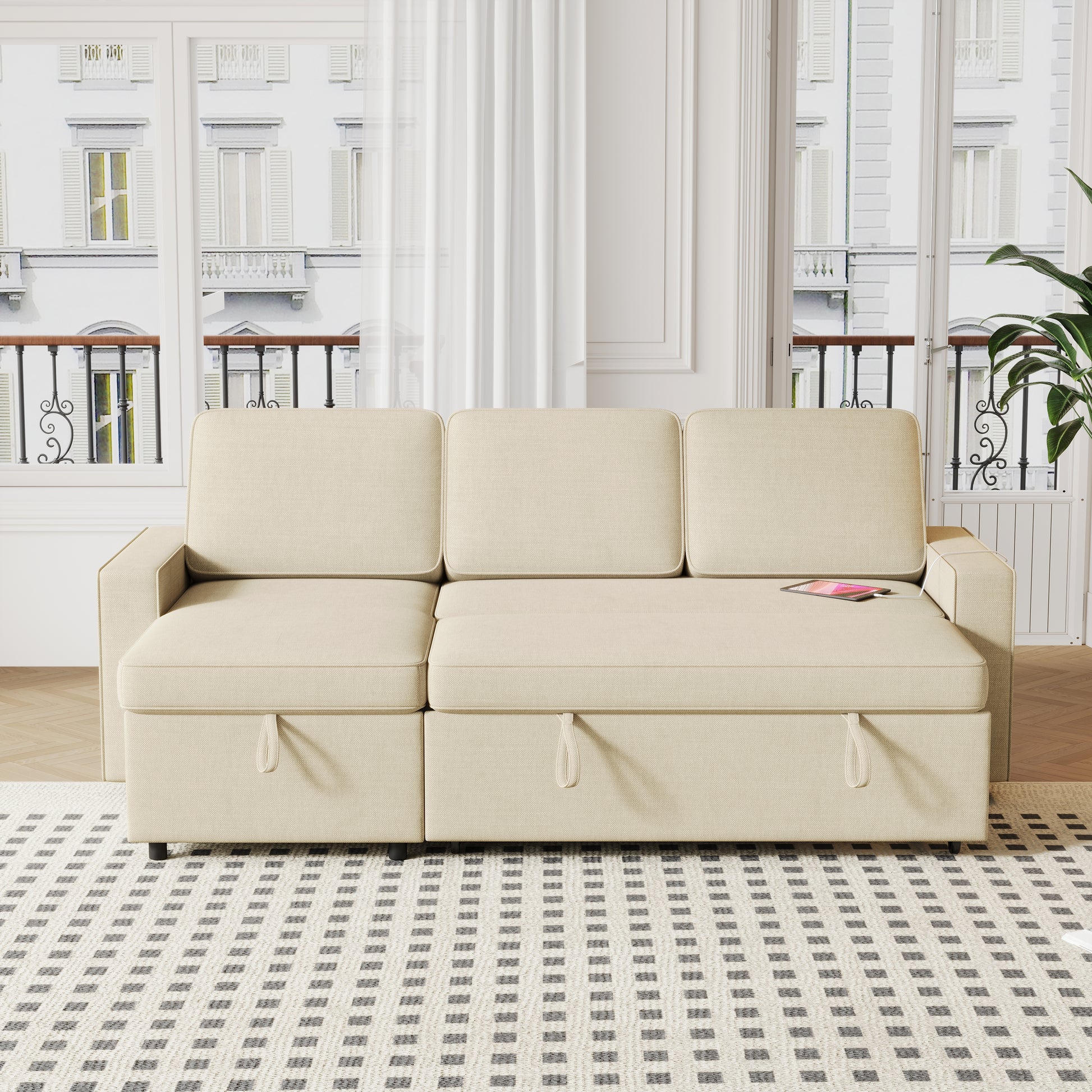 85.8" Pull Out Sleeper Sofa L Shaped Couch Convertible Sofa Bed With Storage Chaise And Storage Racks,With Usb Port And T Pyce Port Beige Fabric 3 Seat
