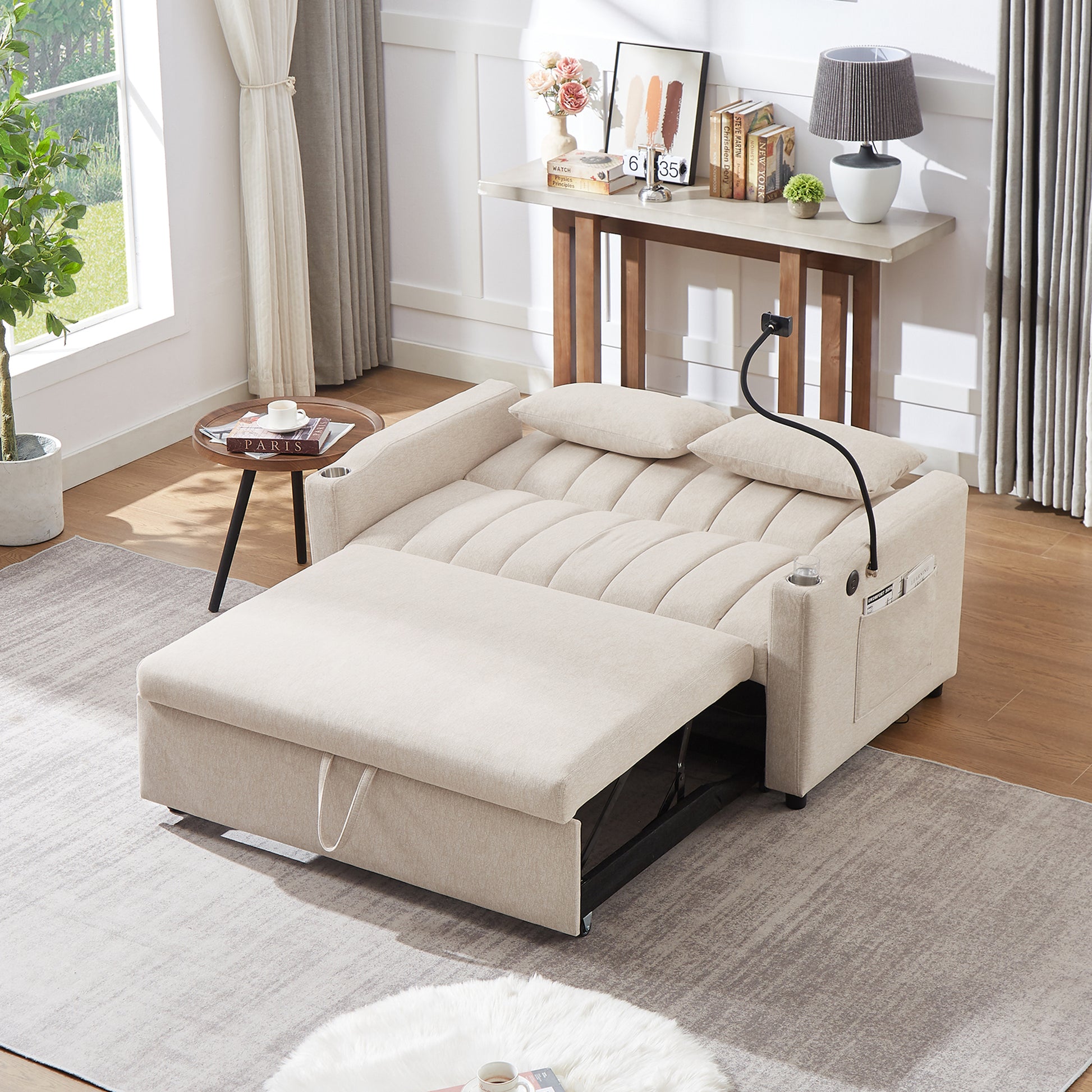 55.9" Convertible Sofa Bed Loveseat Sofa With Three Usb Ports, Two Side Pockets, Two Cup Holders And 360 Swivel Phone Holder For Living Room, Beige Beige Foam Polyester