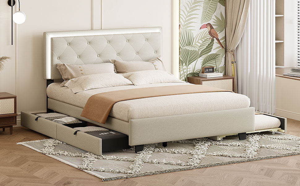 Queen Size Velvet Storage Platform Bed, With 2 Big Drawers, Twin Xl Size Trundle And Led Light, Beige Beige Velvet