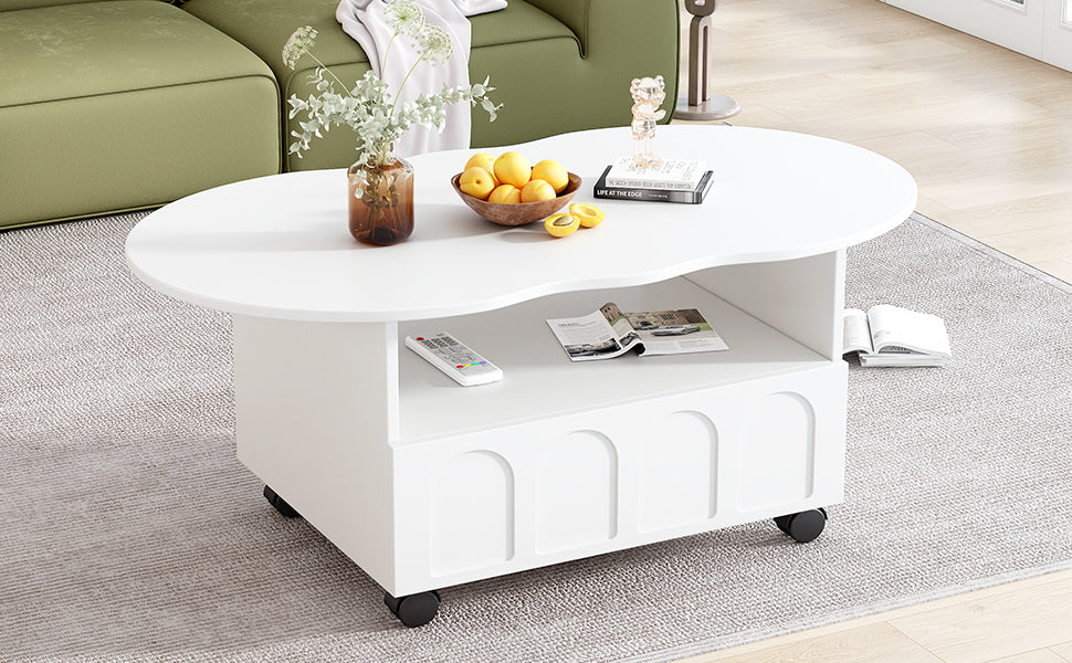 Flexible Cream Style Coffee Table With 2 Brake Wheels, Cloud Top Side Table With Drawer, Irregular Center Table With Large Storage For Living Room, White, 39.37''X 23.6'' White Particle Board