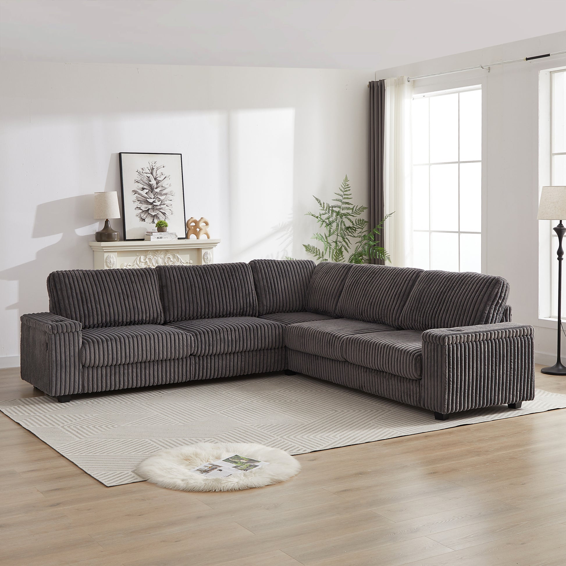 110 Inch Oversized Corduroy Corner Sofa,L Shaped Corner Couch With Two Storage Spaces,Usb Port & T Pyce Port And Cup Holderdeep Seat Comfy Upholstered Couches For Living Room Not Freely Combinable Dark Grey Corduroy 5 Seat