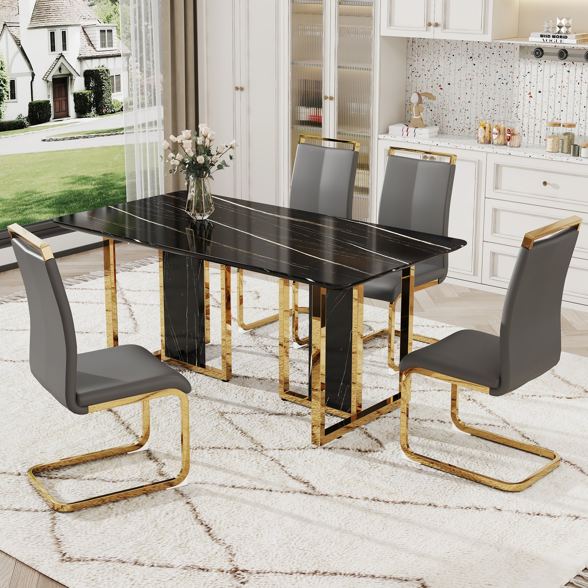 Table And Chair Set. Modern Dining Table With Mdf Top And Beautiful Mdf Legs. Equipped With Comfortable Pu Chairs And Metal Legs. Suitable For A Wide Range Of Decorative Styles. Black,Gray Seats 4 Mdf