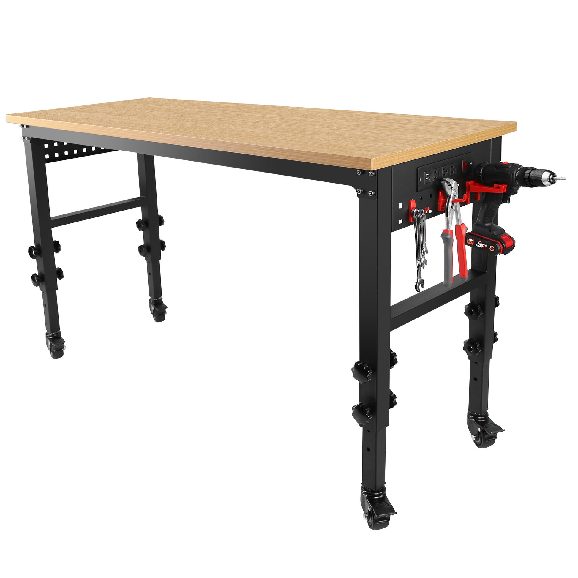 60" 24'' Adjustable Workbench, Rolling Heavy Duty Worktable With Power Outlet And Wheels, Large Load Capacity Rubber Wood Top Workbench For Garage, Office, Workshop, Home, Easy Assembly Black Steel