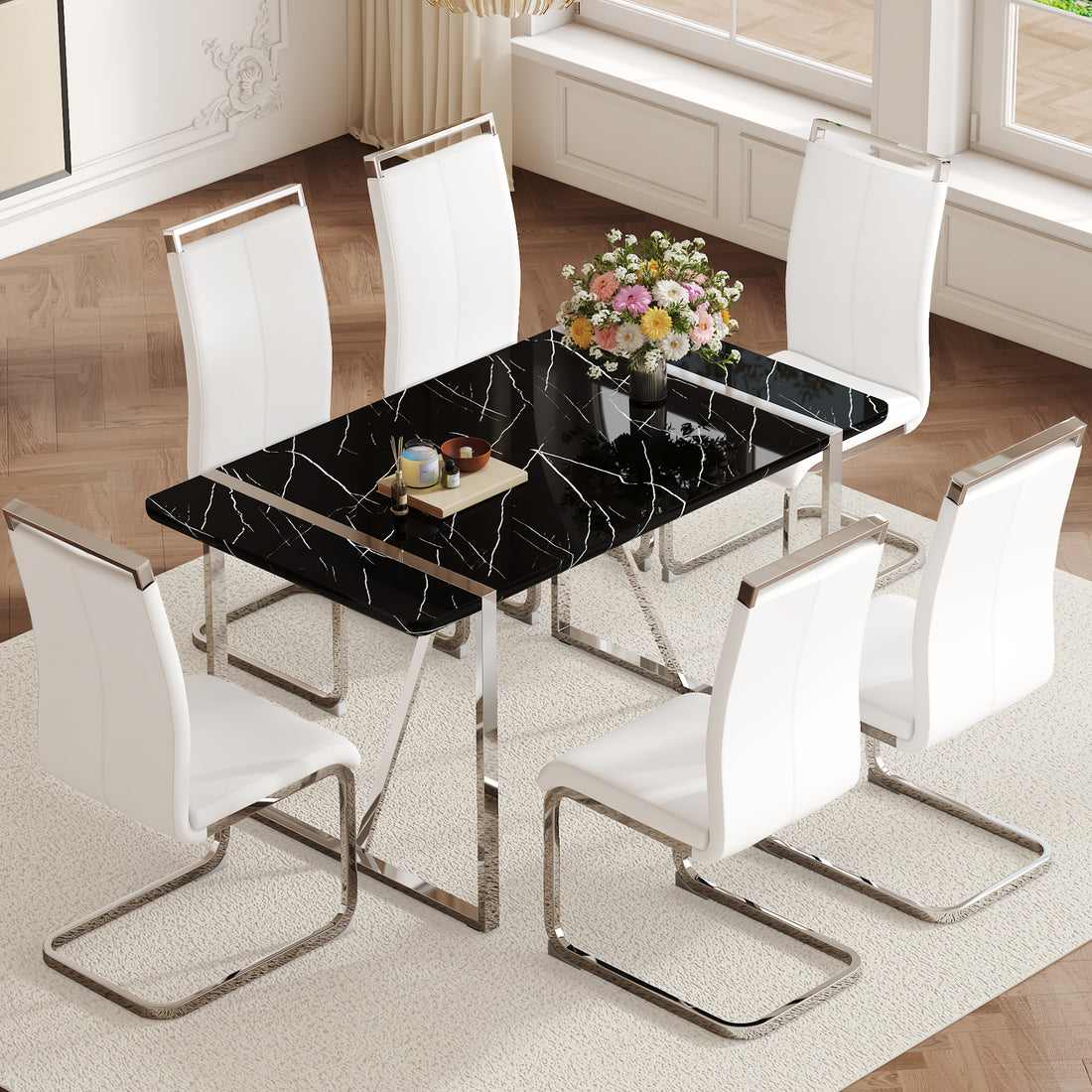 Table And Chair Set.A Rustic Industrial Rectangular Mdf Black Dining Table With Mdf Desktop And Electroplated Silver Metal Legs.Paried With 6 Chairs With Pu Cushion And Metal Legs. White Black Seats 6 Mdf Metal