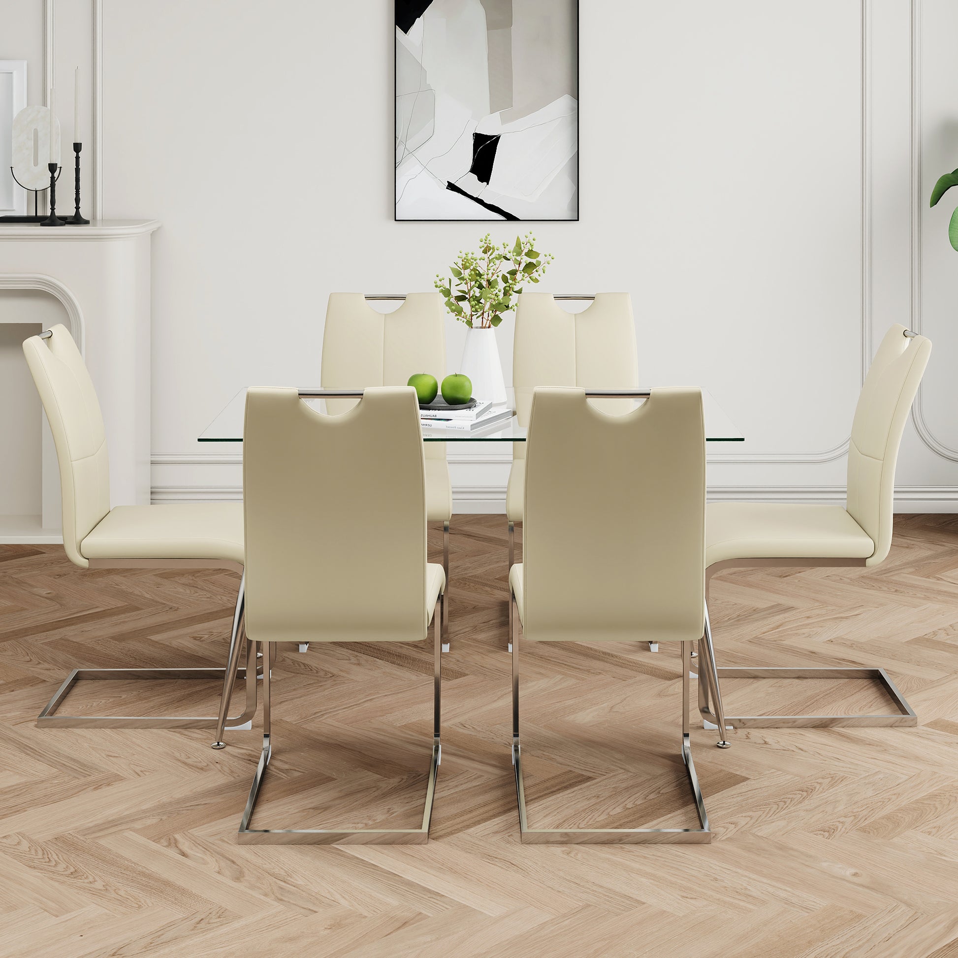 Modern Simple Rectangular Glass Dining Table, Solid Tempered Glass Tabletop, Electroplated Table Legs, Light Yellow Pu Dining Chair Set, Suitable For Restaurant Kitchen Use Set Of 7 Upholstered Chair Glass Light Yellow Seats 6 Metal Rectangular Dining