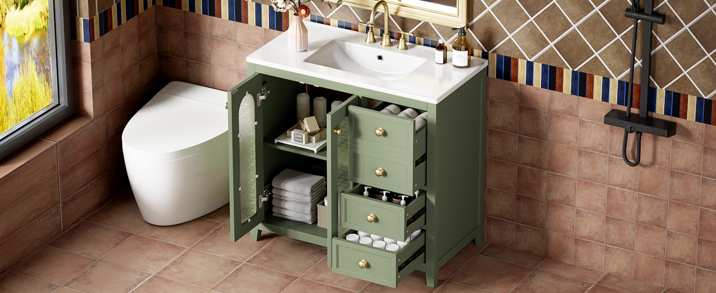 36 Inch Bathroom Vanity With Two Soft Close Doors, Adjustable Shelves And Three Soft Close Drawers Green Bathroom Solid Wood Mdf