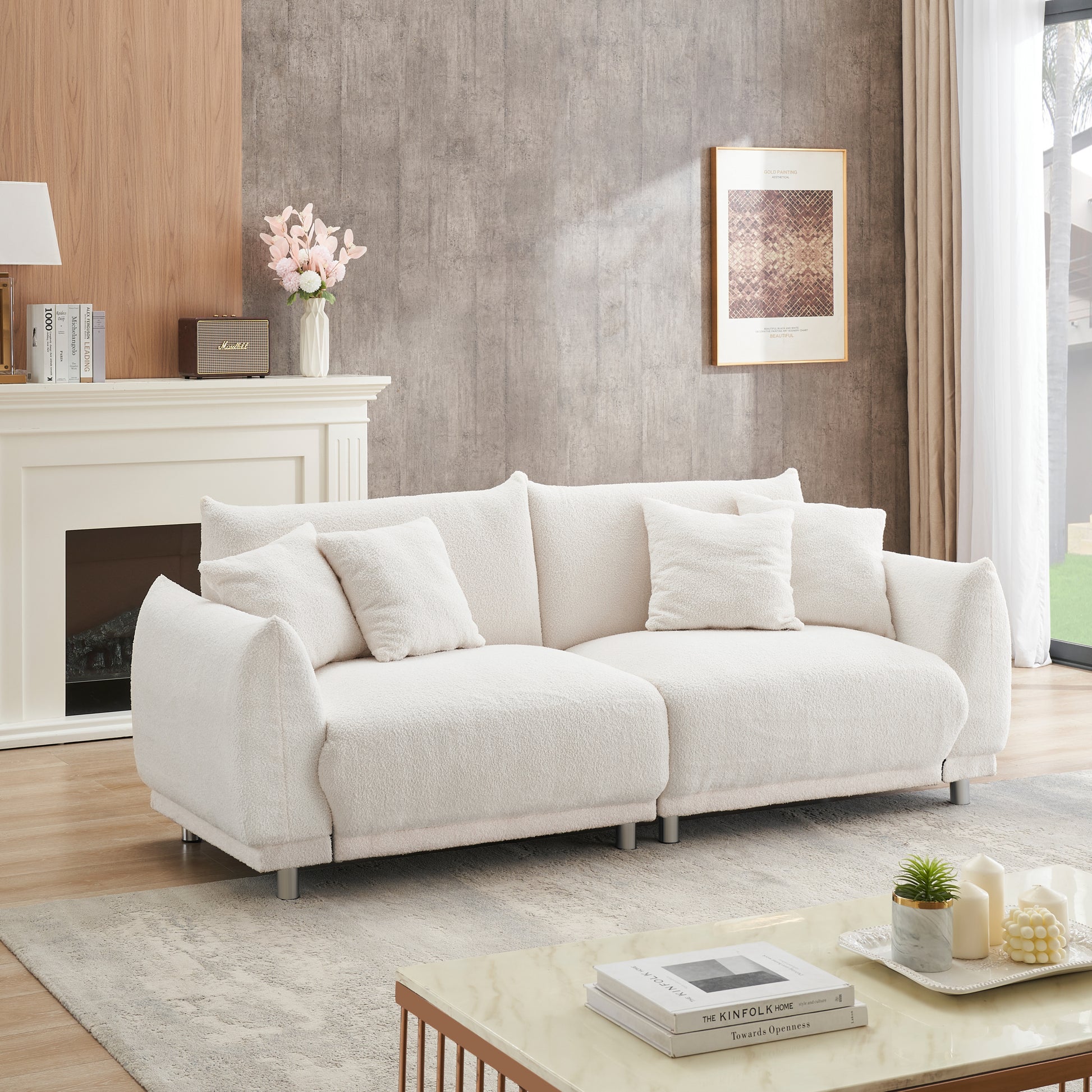 The 86.6 Inch Teddy Wool Beige Sofa With Four Throw Pillows And Hardware Feet Can Sit Comfortably In An Apartment Bedroom Without Taking Up Space Beige Fabric 2 Seat