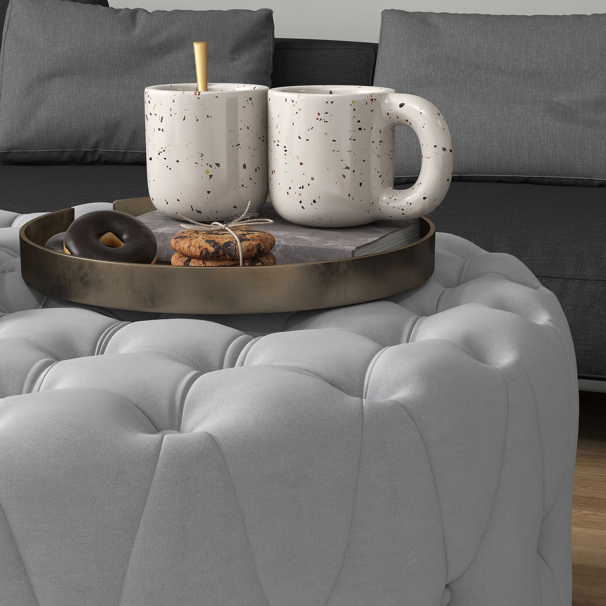 Homcom Button Tufted Ottoman Foot Stool With Velvet Feel Upholstery, Gray Light Gray Polyester