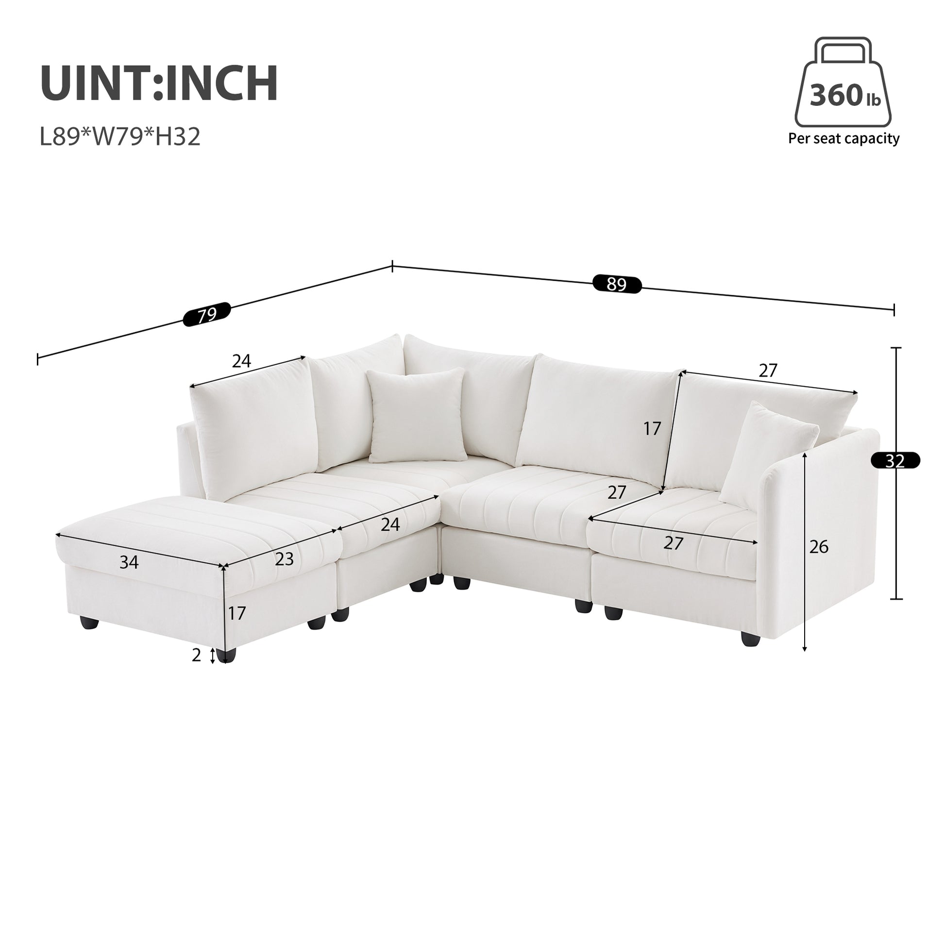 89*79"Modern Sectional Sofa With Vertical Stripes,2 Pillows,5 Seat Couch With Convertible Ottoman,Various Combinations,L Shape Indoor Furniture For Living Room,Apartment, 3 Colors White Fabric 5