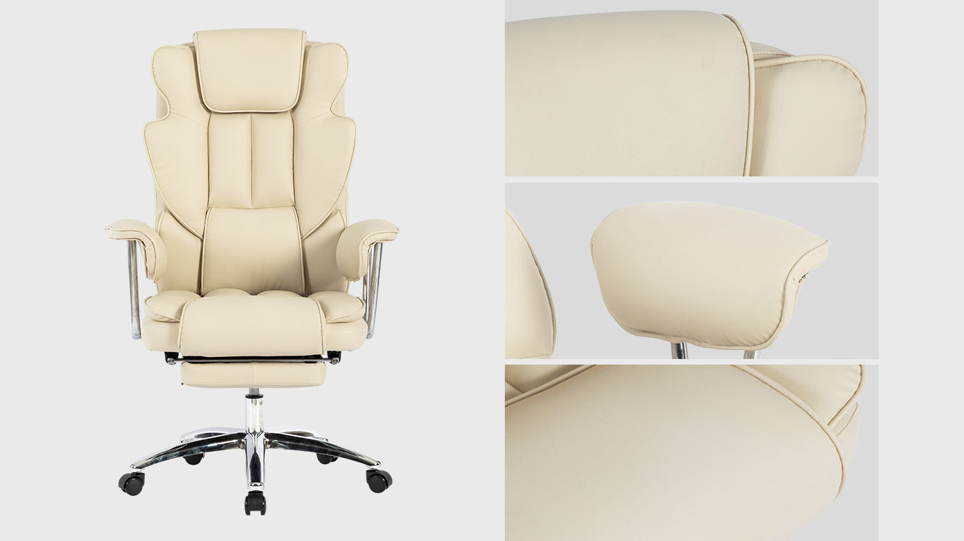 Office Chair, Big And Tall Executive Office Chair With Footrest, Leather Computer Chair, Ergonomic Reclining Chair High Back With Lumbar Support, Large Home Office Chair Beige Beige Pu Leather