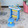 Qaba 31 Key Kids Toy Keyboard Piano, Electronic Musical Instrument With Multiple Sounds, Stool, Microphone And Bright Flashing Lights, Blue Blue Abs