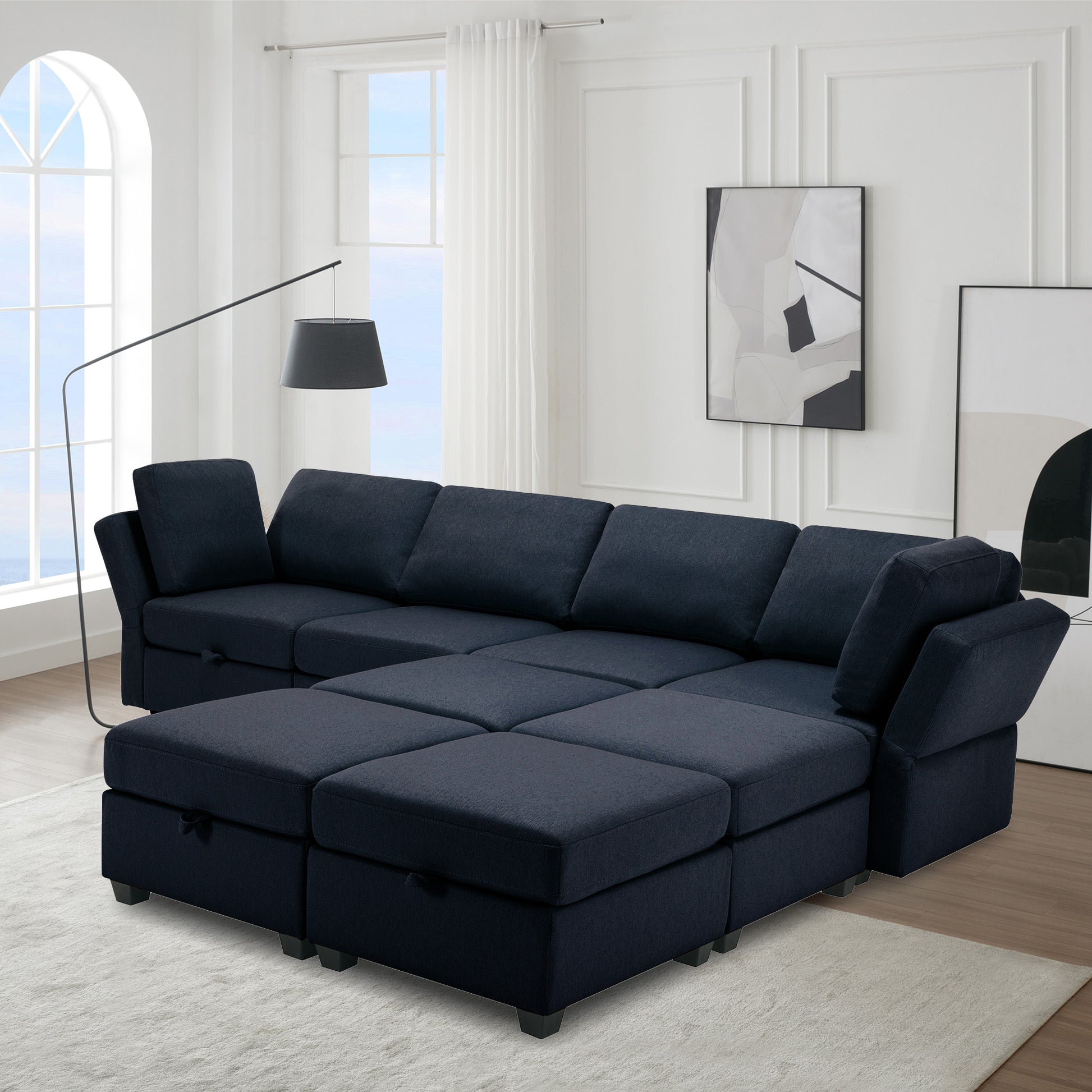 Modular Convertible U Shaped Sectional Sofa Couch With Storage Ottoman Corner Couch For Living Room, Adjustable Arms And Backs Blue Blue Polyester 4 Seat