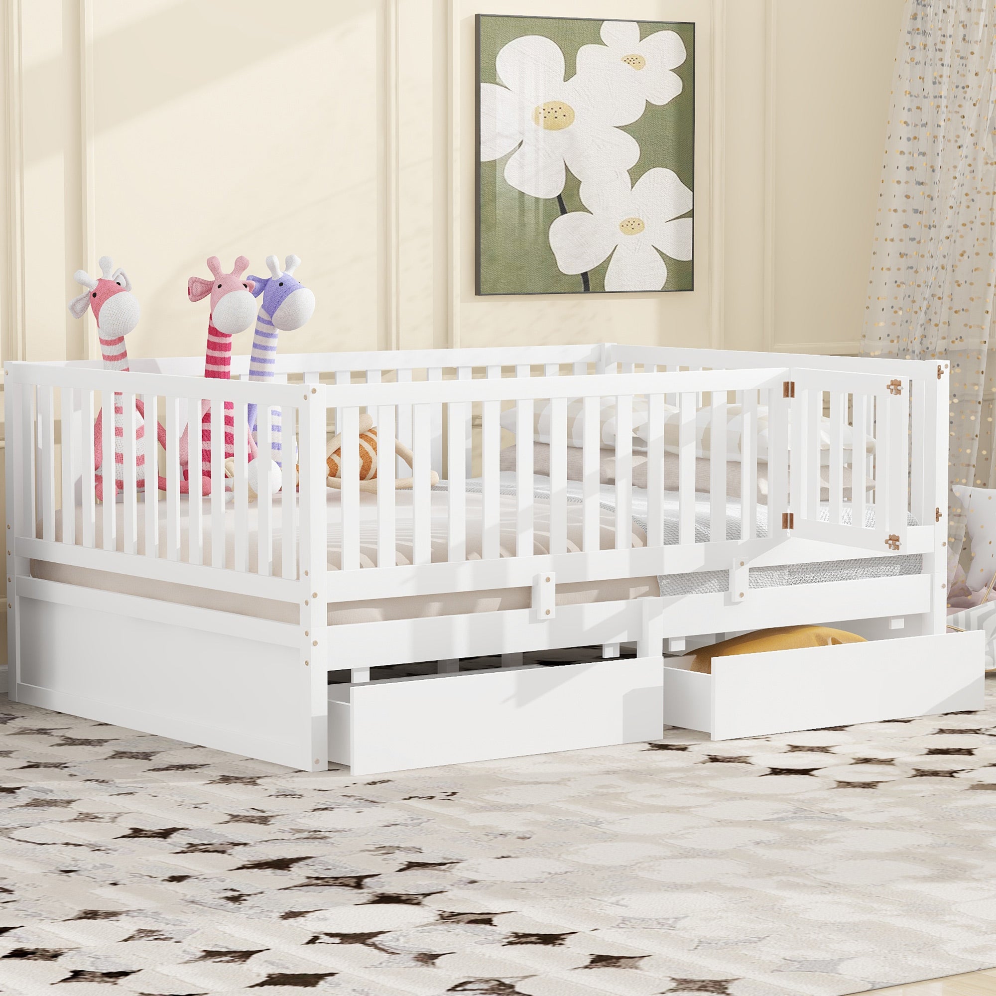 Full Size Wood Daybed With Fence Guardrails And 2 Drawers, Split Into Independent Floor Bed & Daybed, White Old Sku :Lp000882Aak Full White Solid Wood Mdf