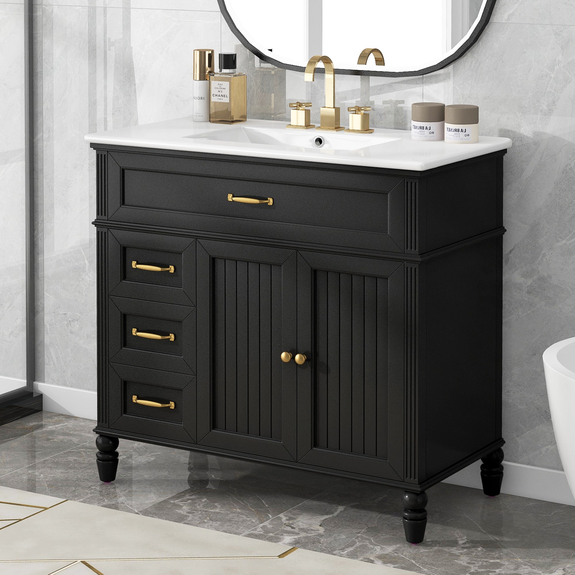 36" Bathroom Vanity With Sink, Black Bathroom Cabinet With Drawers, Solid Frame And Mdf Board, One Package Black Solid Wood Mdf