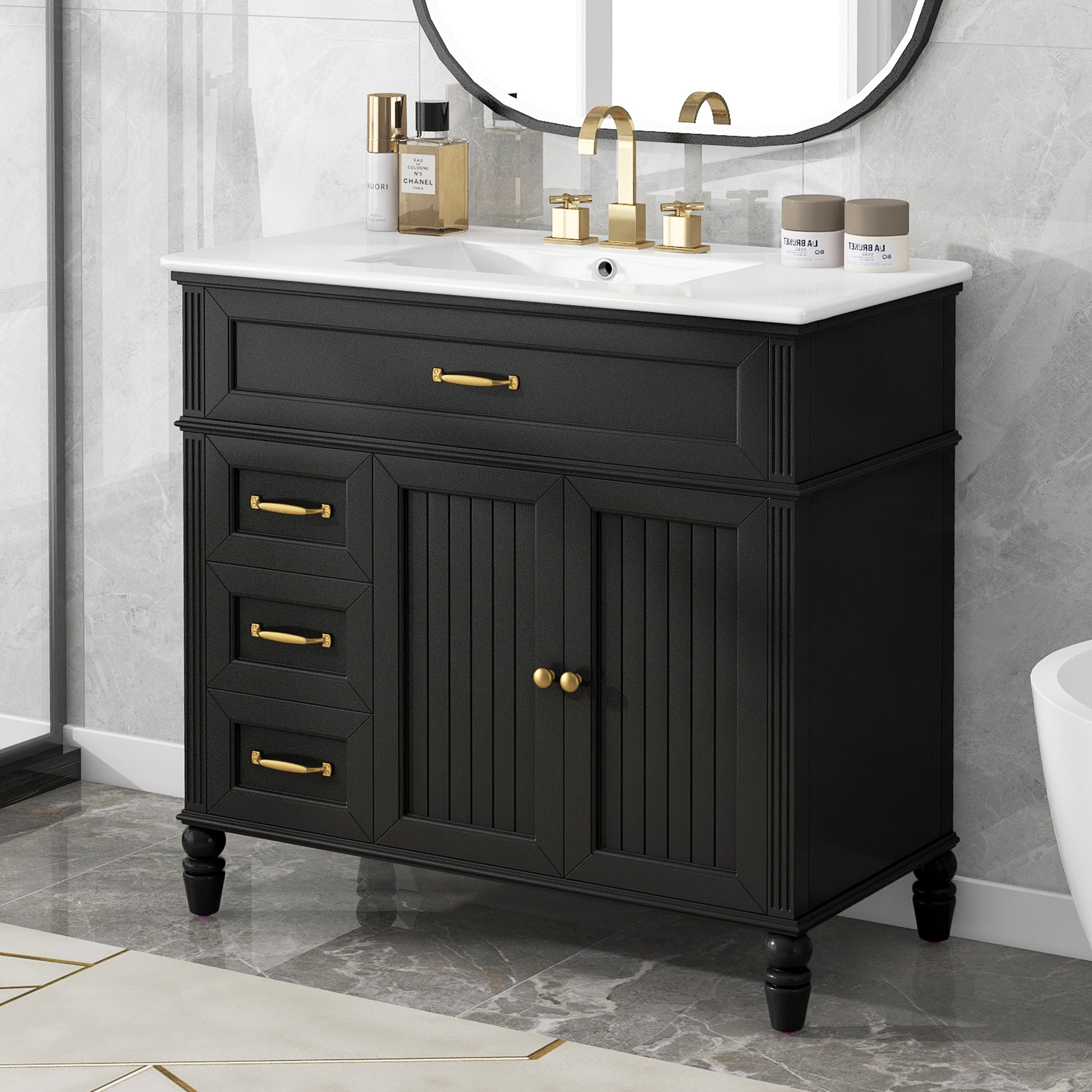 36" Bathroom Vanity With Sink, Black Bathroom Cabinet With Drawers, Solid Frame And Mdf Board, One Package Black Solid Wood Mdf