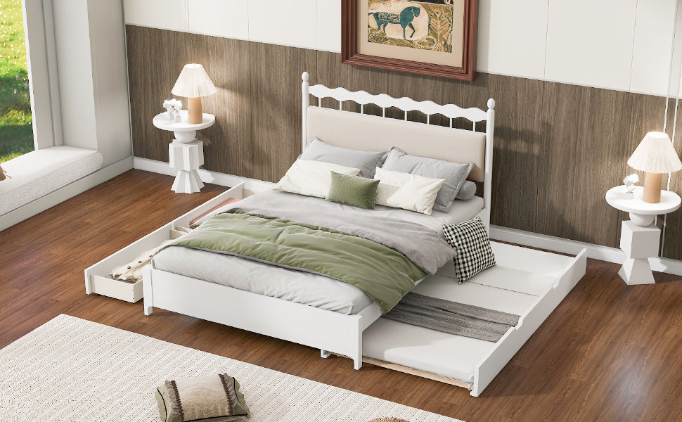 Queen Size Wooden Storage Platform Bed, With 2 Big Drawers, T Size Trundle, White Queen White Plywood