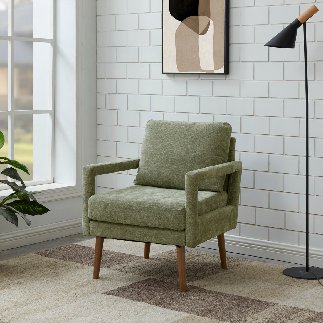 Mid Century Armchairaccent Chair With Chenille Armrest & Soft Cushion For Living Room, Bedroom, Home Office, Study, Forest Green Green Foam Wood Fabric