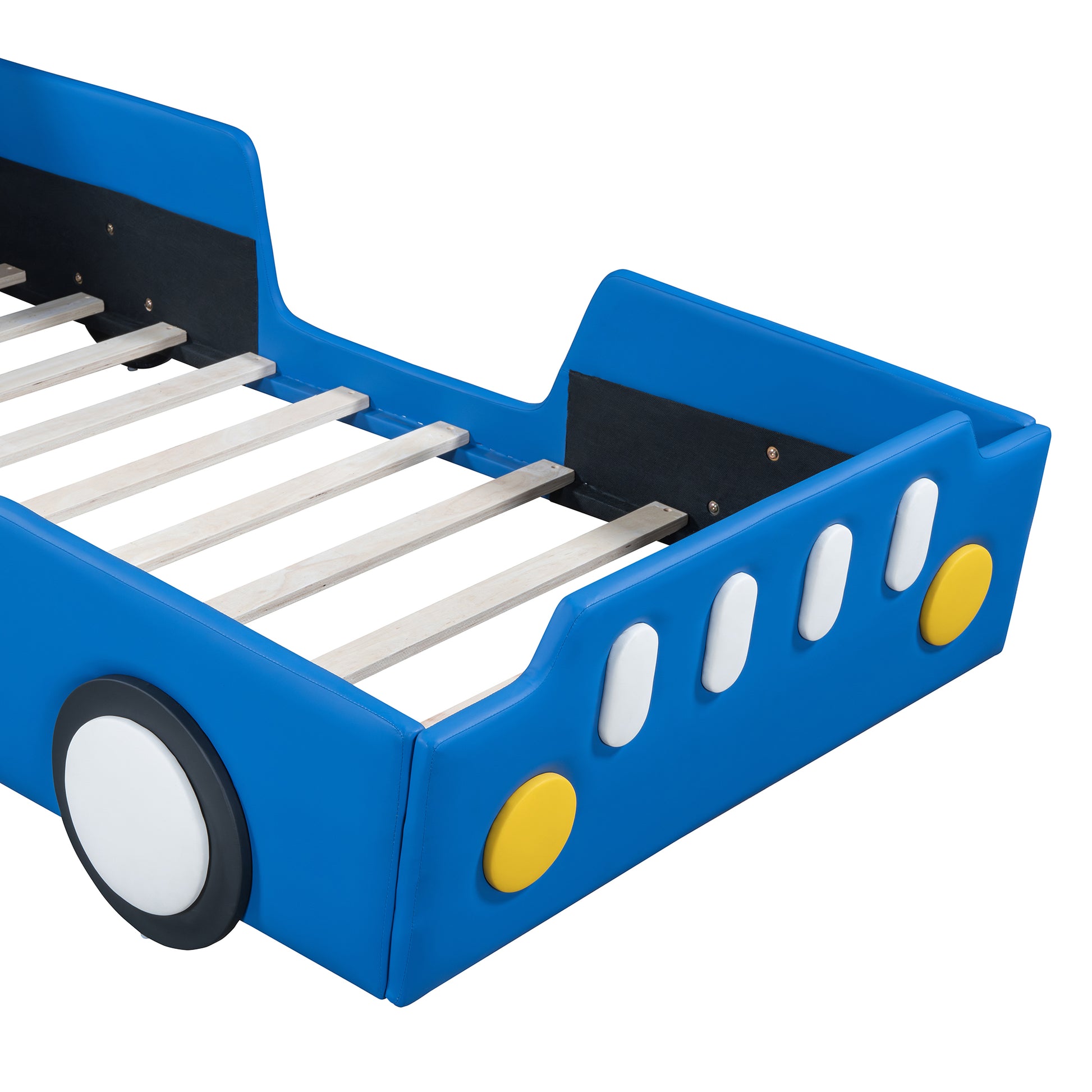 Twin Size Race Car Shaped Platform Bed With Wheels,Blue Twin Blue Pu Leather
