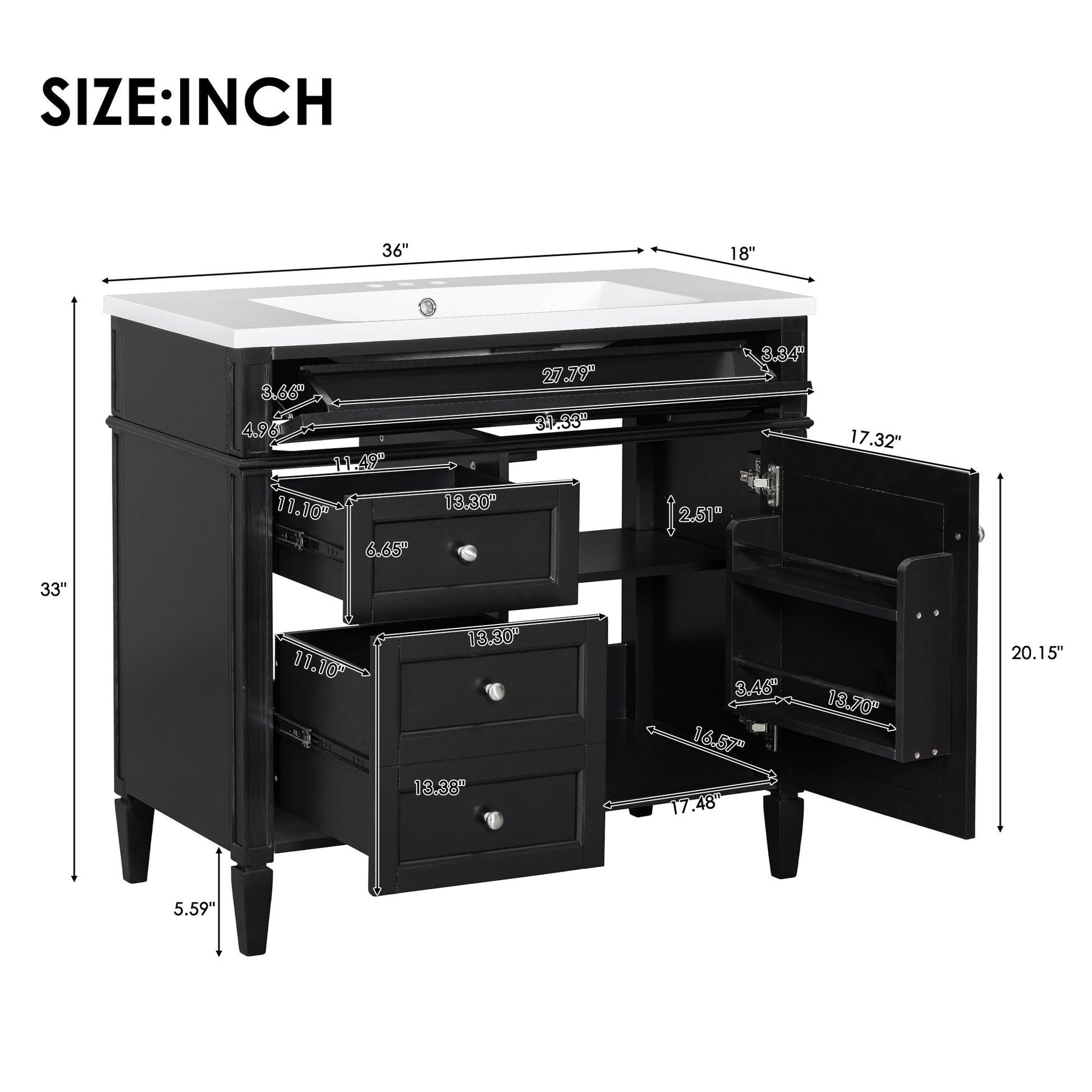 36'' Bathroom Vanity With Top Sink, Modern Bathroom Storage Cabinet With 2 Drawers And A Tip Out Drawer, Single Sink Bathroom Vanity Black Bathroom Solid Wood Mdf