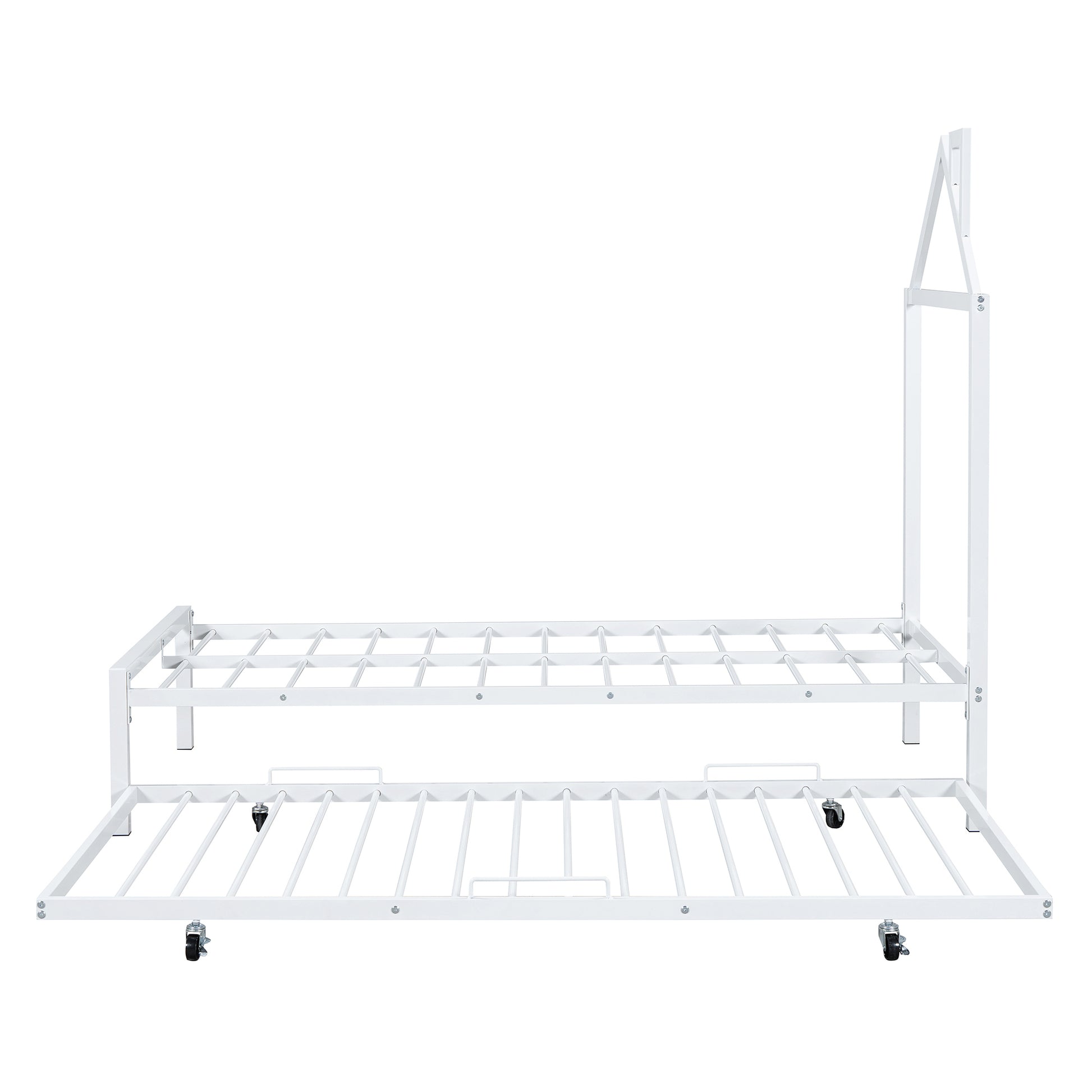 Twin Size Metal Platform Bed With Twin Size Trundle,House Shaped Headboard Design, White Twin White Metal