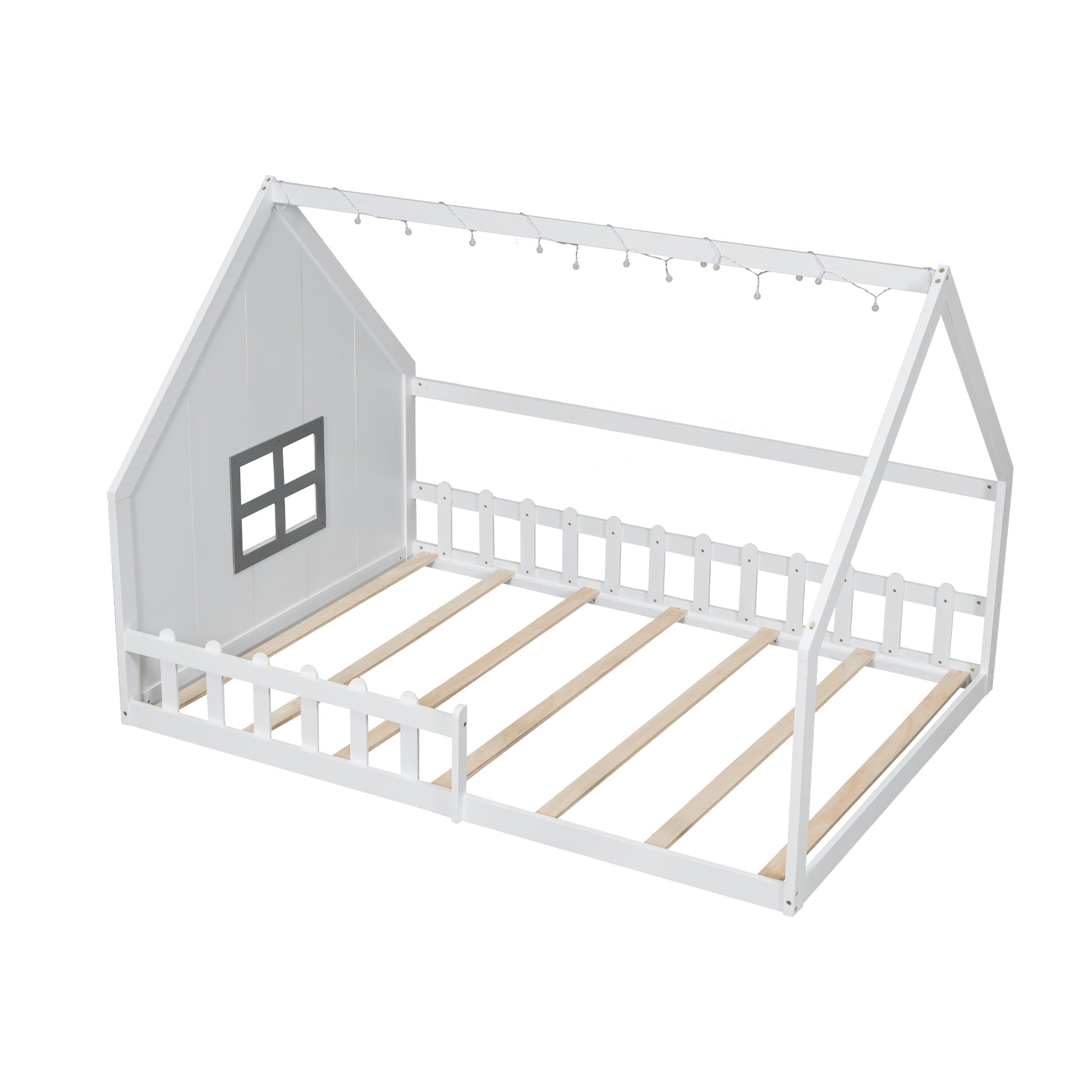 Full Size Wood House Bed With Window And Fence, White Old Sku: Wf304147Aak Box Spring Not Required Full White Wood Bedroom Pine Bed Frame Solid Wood Mdf