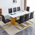 Table And Chair Set.Large Modern Rectangular Table With 0.4 Inch Patterned Glass Tabletop And Large Mdf Table Legs.Comes With 8 Chairs With Faux Leather Cushioned Seats And Golden Metal Legs. Gold White Seats 8 Mdf Glass