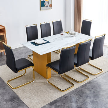 Table And Chair Set.Large Modern Rectangular Table With 0.4 Inch Patterned Glass Tabletop And Large Mdf Table Legs.Comes With 8 Chairs With Faux Leather Cushioned Seats And Golden Metal Legs. Gold White Seats 8 Mdf Glass