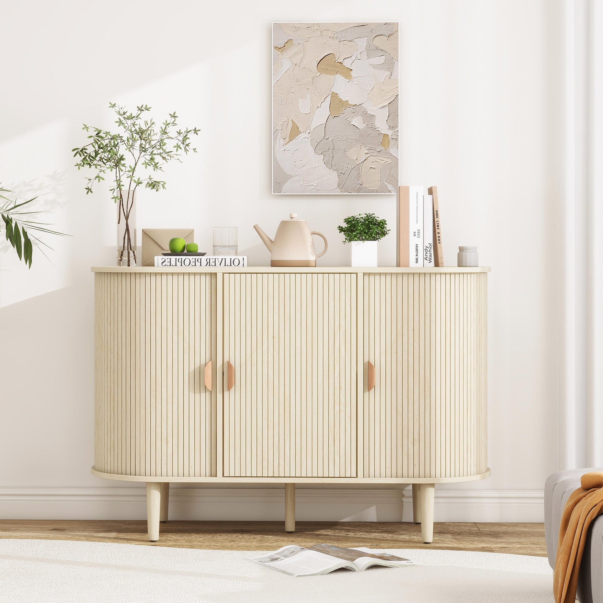 3 Door Buffet Cabinet,Large Storage Accent Cabniet With 3 Door,Sideboard Cabniet For Living Room, Entryway, Hallway, Office Kitchen And Dining Room Freestanding 3 4 Spaces Natural Sliding Doors Modern Mdf