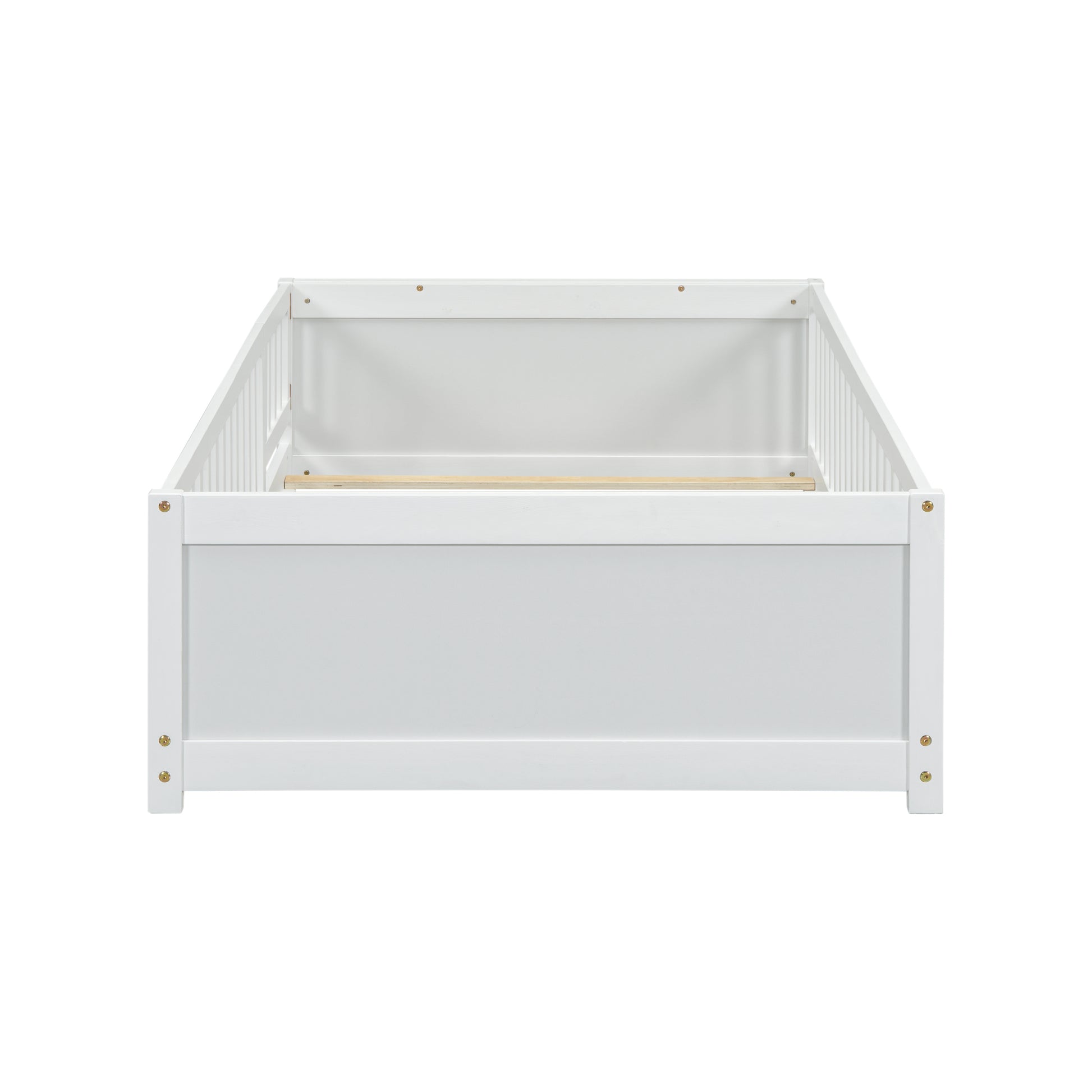 Twin Size Floor Platform Bed With Built In Book Storage Rack, Door,White Twin White American Design Pine