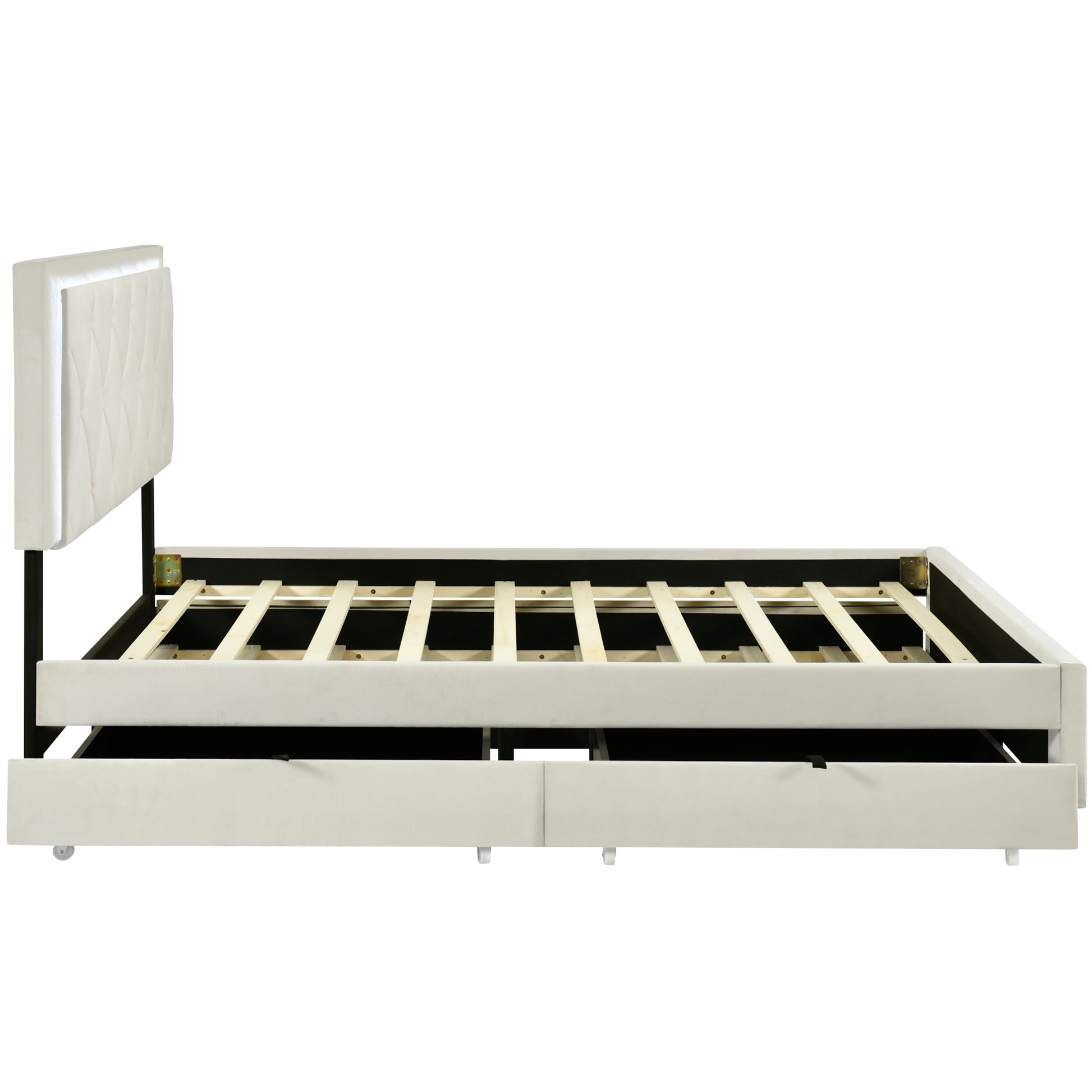 Queen Size Velvet Storage Platform Bed, With 2 Big Drawers, Twin Xl Size Trundle And Led Light, Beige Beige Velvet