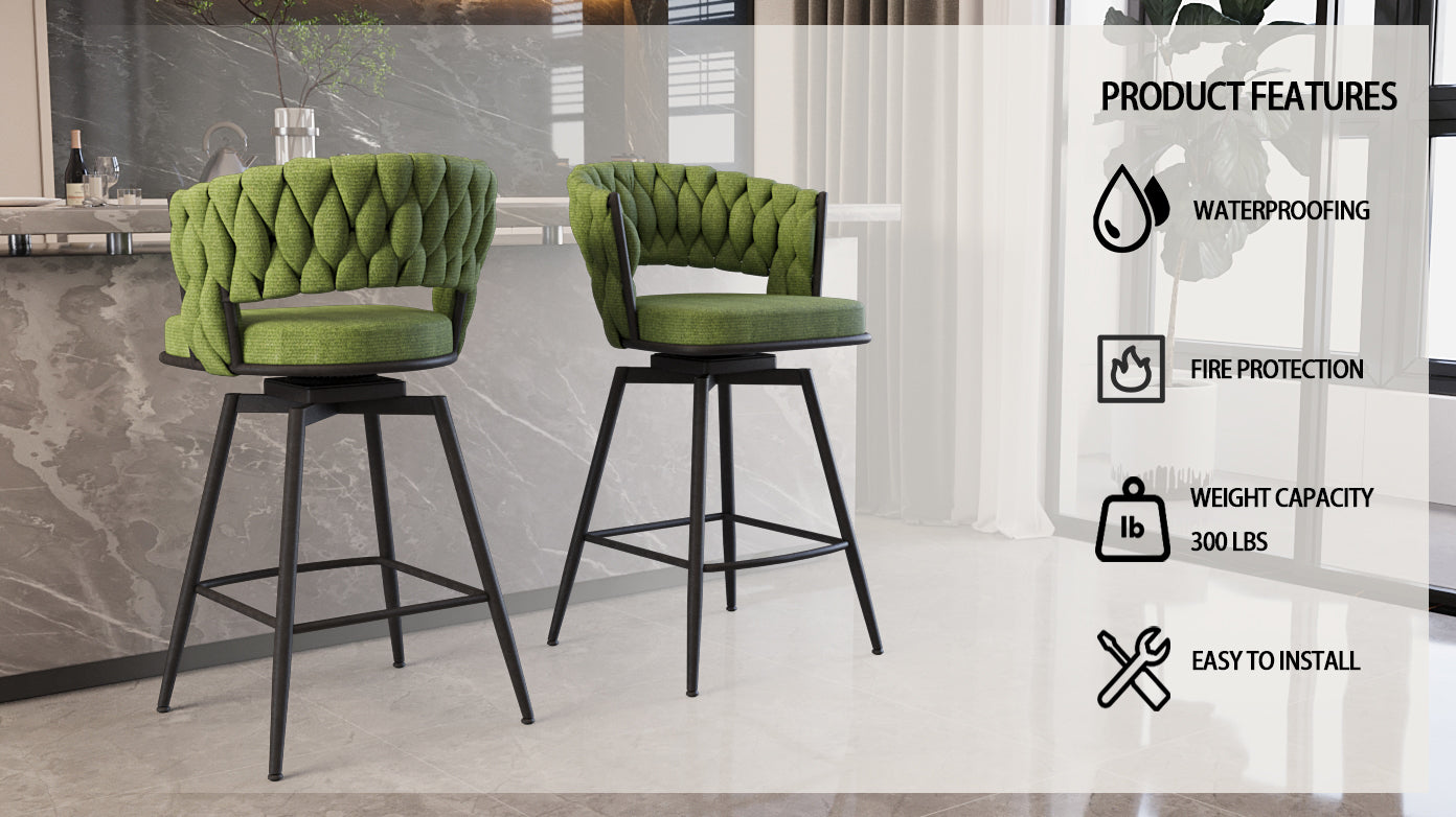 Bar Chair Linen Woven Bar Stool Set Of 2, Black Legs Barstools No Adjustable Kitchen Island Chairs,360 Swivel Bar Stools Upholstered Bar Chair Counter Stool Arm Chairs With Back Footrest, Green Green Foam Linen