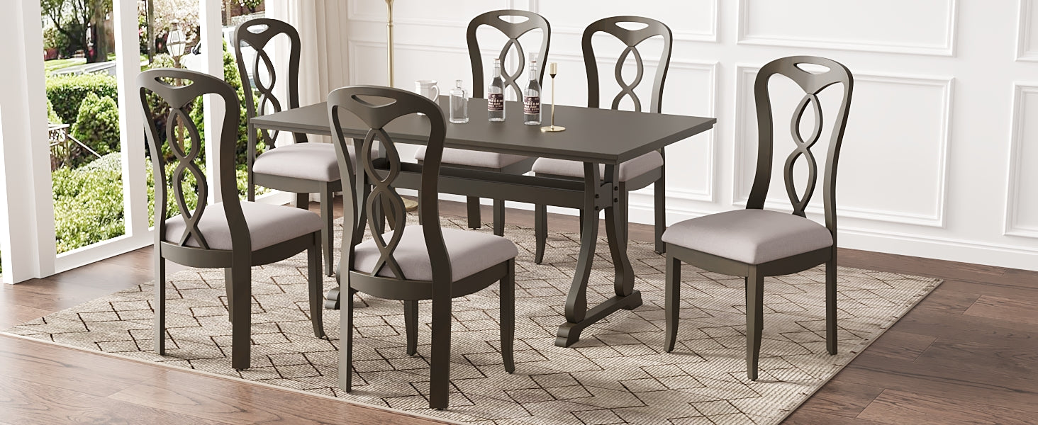 Retro 7 Piece Trestle Dining Table Set With Upholstered Dining Chairs, Smooth Dining Backs For Dining Room, Living Room, Kitchen, Gray Upholstered Chair Wood Gray Seats 6 Wood Dining Room Solid Wood Rubberwood Trestle Rectangular Foam Dining Table With