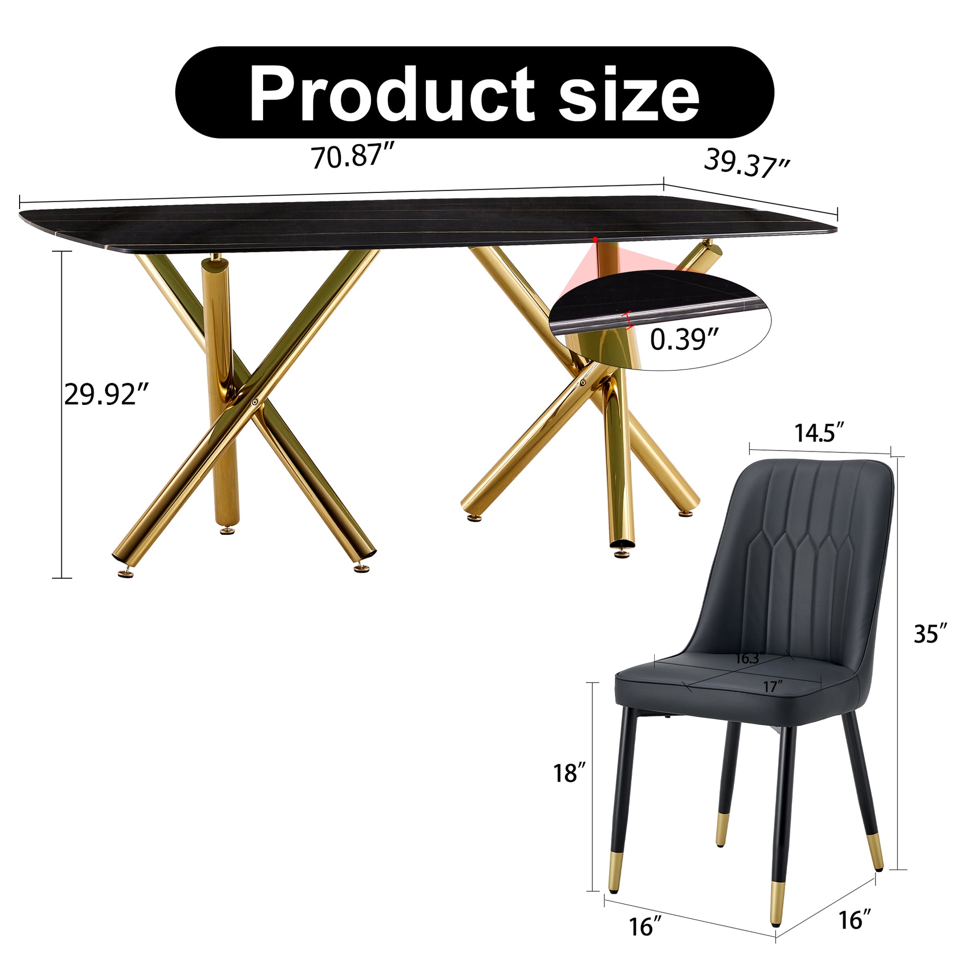 Large Modern Minimalist Rectangular Dining Table With 0.39 "Imitation Marble Black Desktop And Gold Metal Legs, Paired With 8 Chairs With Pu Cushions And Black Metal Legs.F 1538 C 007 Black Gold Glass Metal
