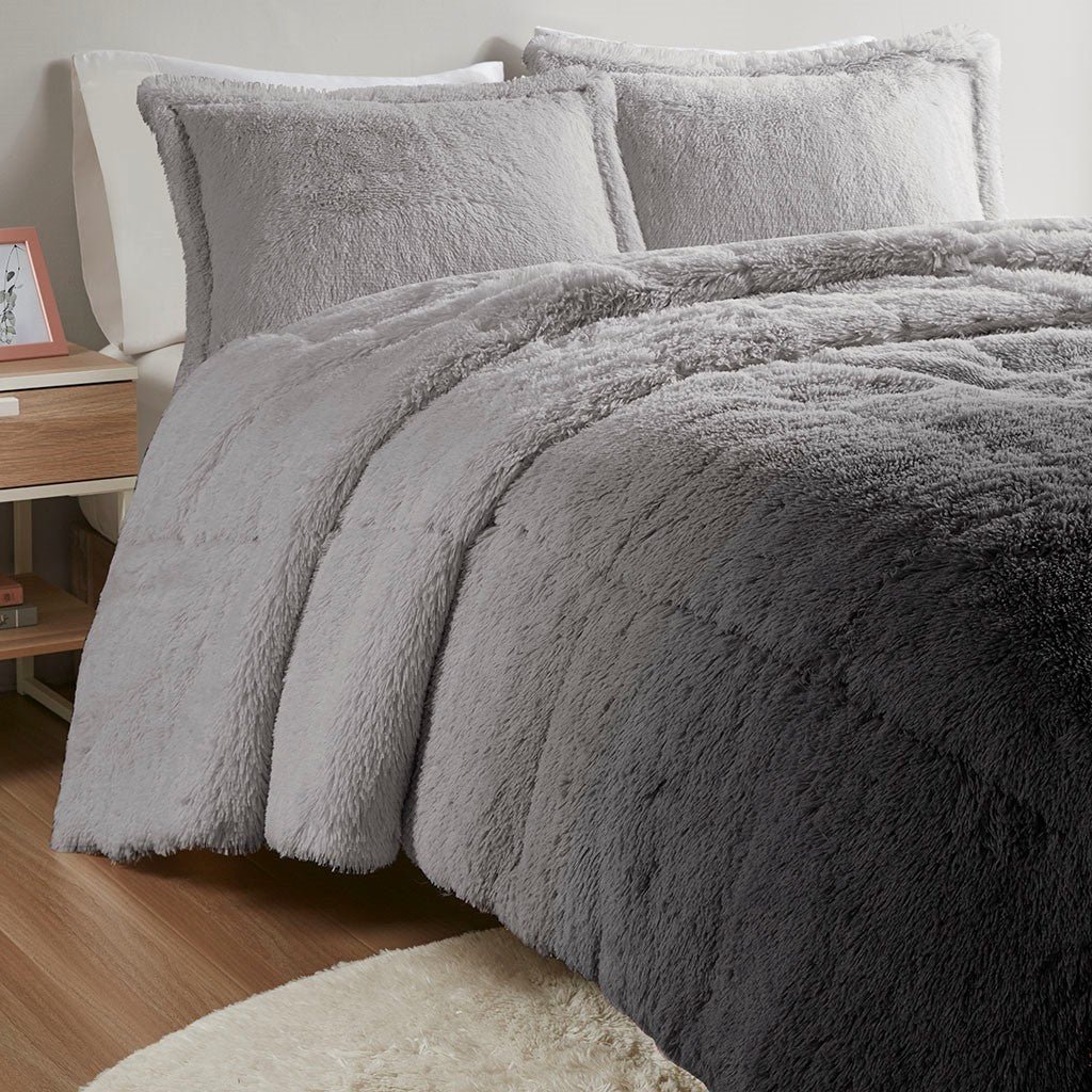 Ombre Shaggy Long Fur Comforter Mini Set Twin Grey Polyester