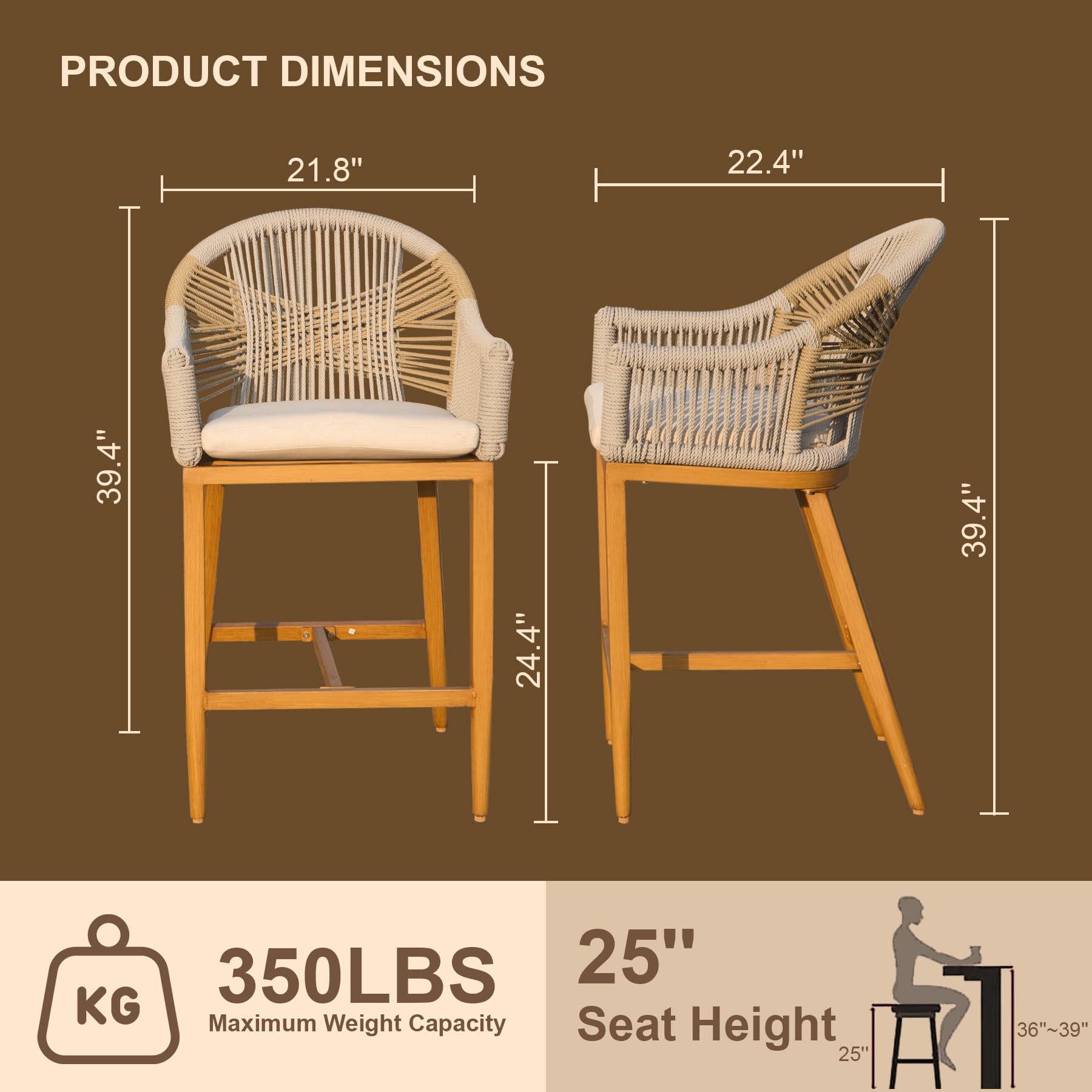 Bar Stools Set Of 2 With Arm And Backrest, Outdoor Counter Height Bar Chairs With Cushion, Aluminum Tall Bar Stools Modern Textilene Rope Boho Barstools For Garden, Pool, Patio, Kitchen Rounded Backre Yes Khaki Garden & Outdoor 2 Person Seating Group