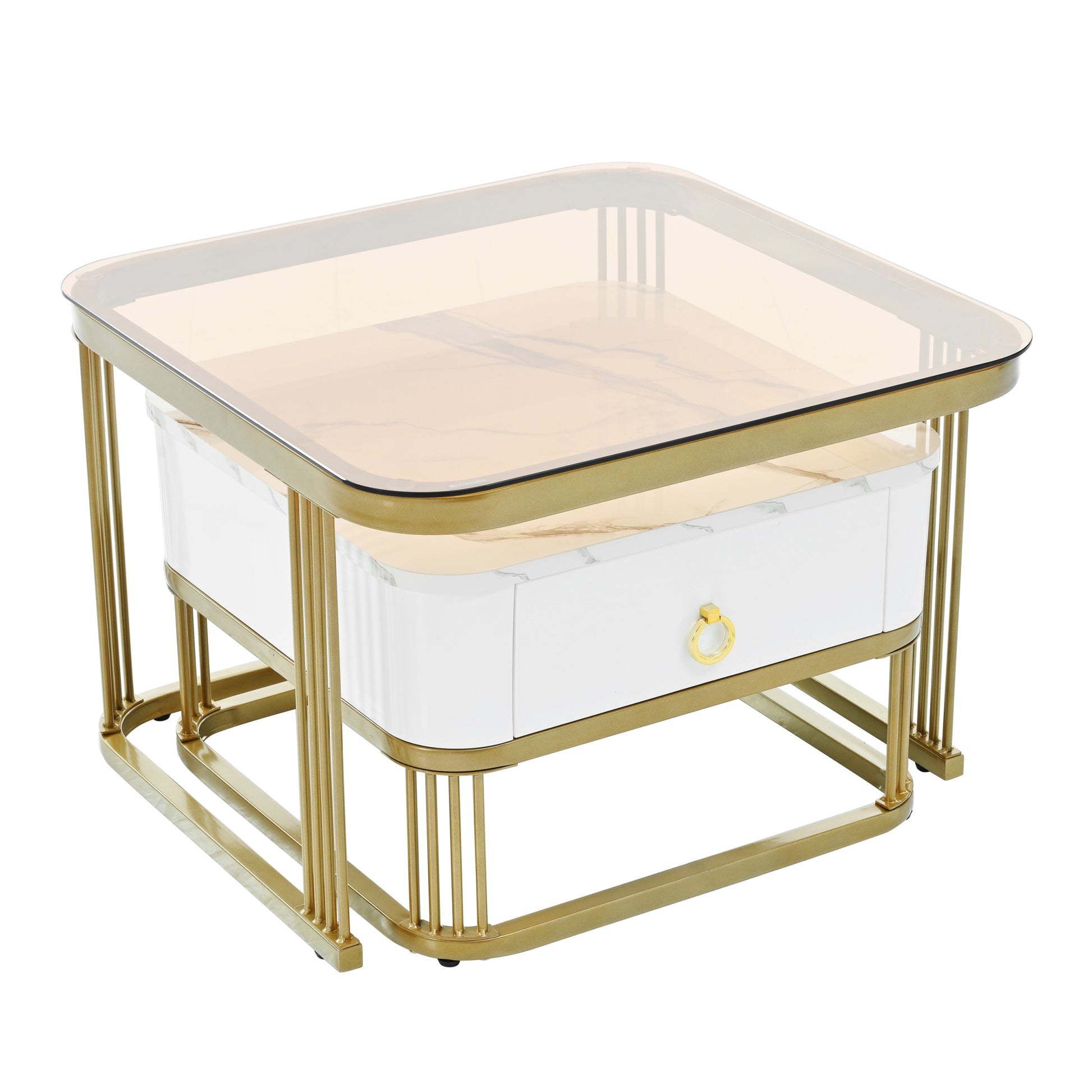 Nesting Coffee Table With Drawer, Set Of 2, Exquisite Square Stacking Coffee Tables With Brown Tempered Glass, Side Table With High Gloss Marble Grain Tabletop For Living Room, White White Gold Primary Living Space Drawers Square Mdf Steel