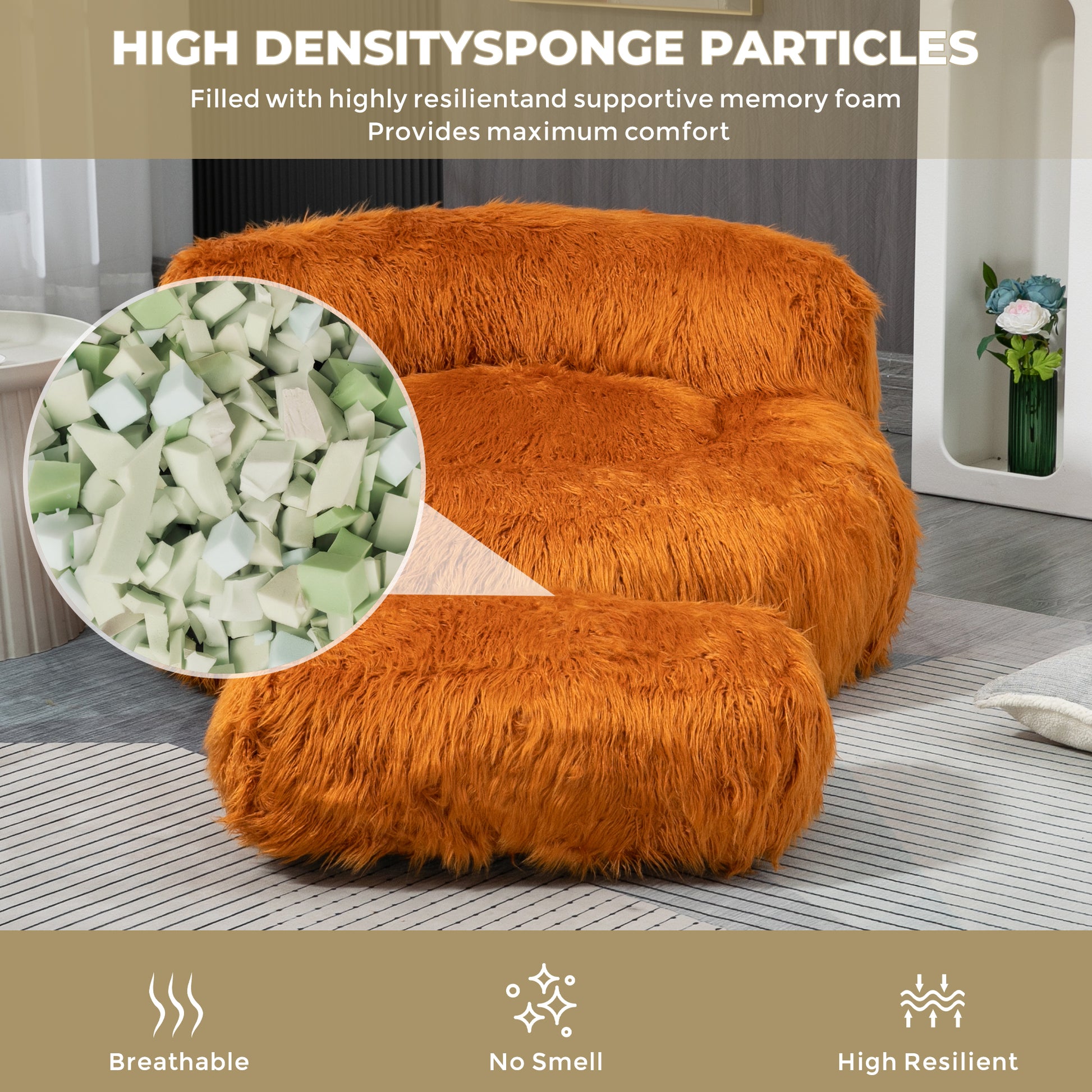 Coolmore Bean Bag Chair, Floor Sofa With Handle,Accent Sofa Chair With Ottoman For Gaming Reading Relaxing Orange Orange Foam Plush