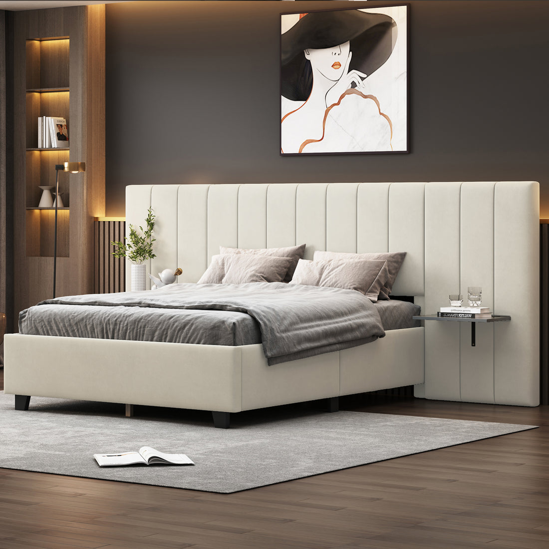 Full Size Upholstered Platform Bed With Big Headboard, Bedroom Furniture, Velvet, Beige Full Beige Plywood