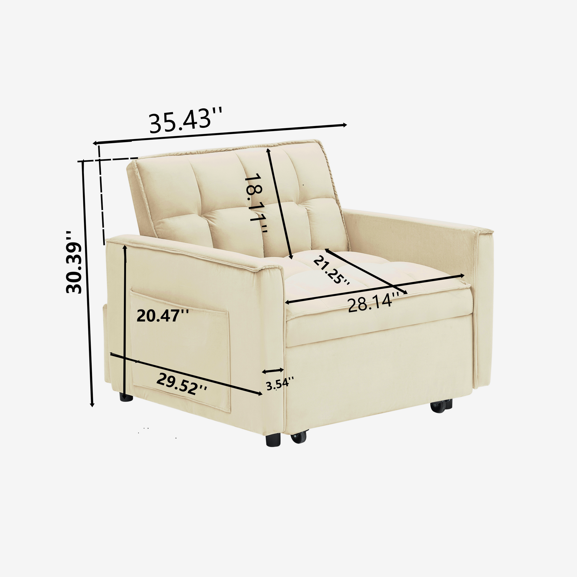 Sofa Bed Chair 3 In 1 Convertible, Recliner, Single Recliner, Suitable For Small Spaces With Adjustable Back Black Creamy White Creamy White Light Brown Velvet Wood Primary Living Space Cushion Back Modern,Traditional Eucalyptus Solid Wood Mdf Resin