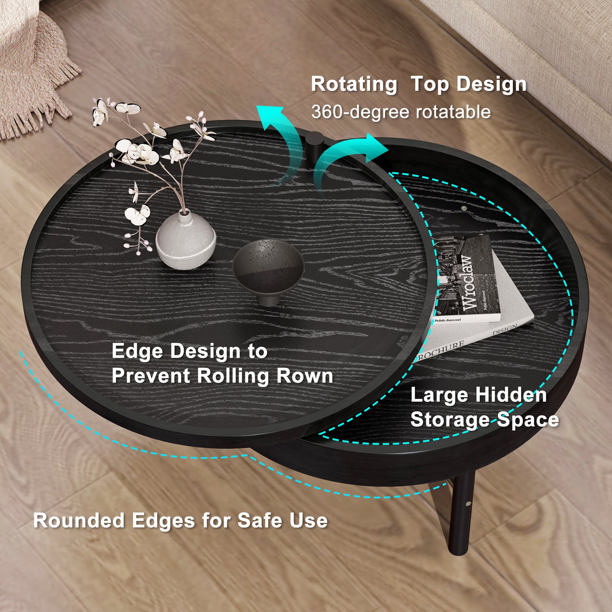 Modern Round Wood Rotating Tray Coffee Table With Storage & Metal Legs In Black Black Metal,Rubber Wood