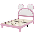 Full Size Upholstered Platform Bed With Cartoon Ears Shaped Headboard And Led, White&Pink Box Spring Not Required Full White Pink Bedroom Bed Frame Faux Leather Upholstered