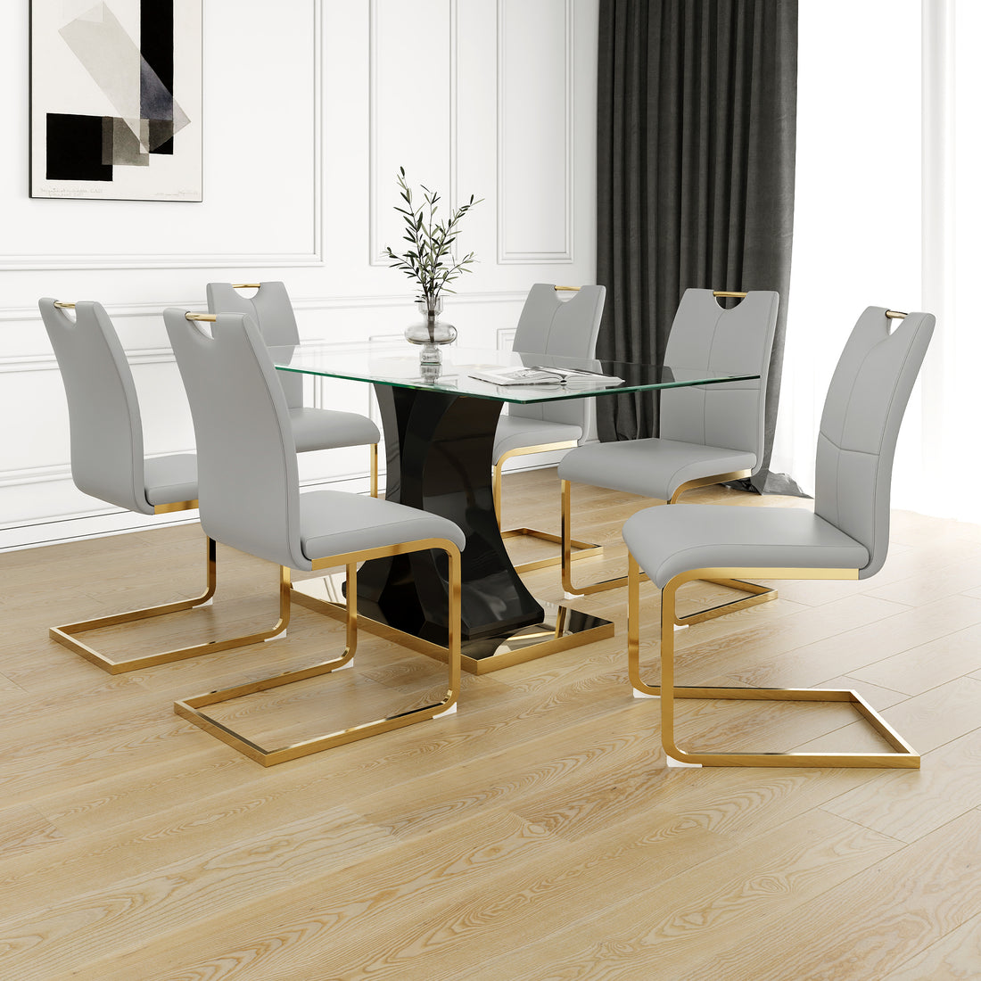 Modern Style Glass Dining Table, Elegant Transparent Design, Solid Support Base, Grey Dining Chair Set, Gold Plated Chair Legs, Suitable For Restaurant Kitchen Use Set Of 7 Grey Glass