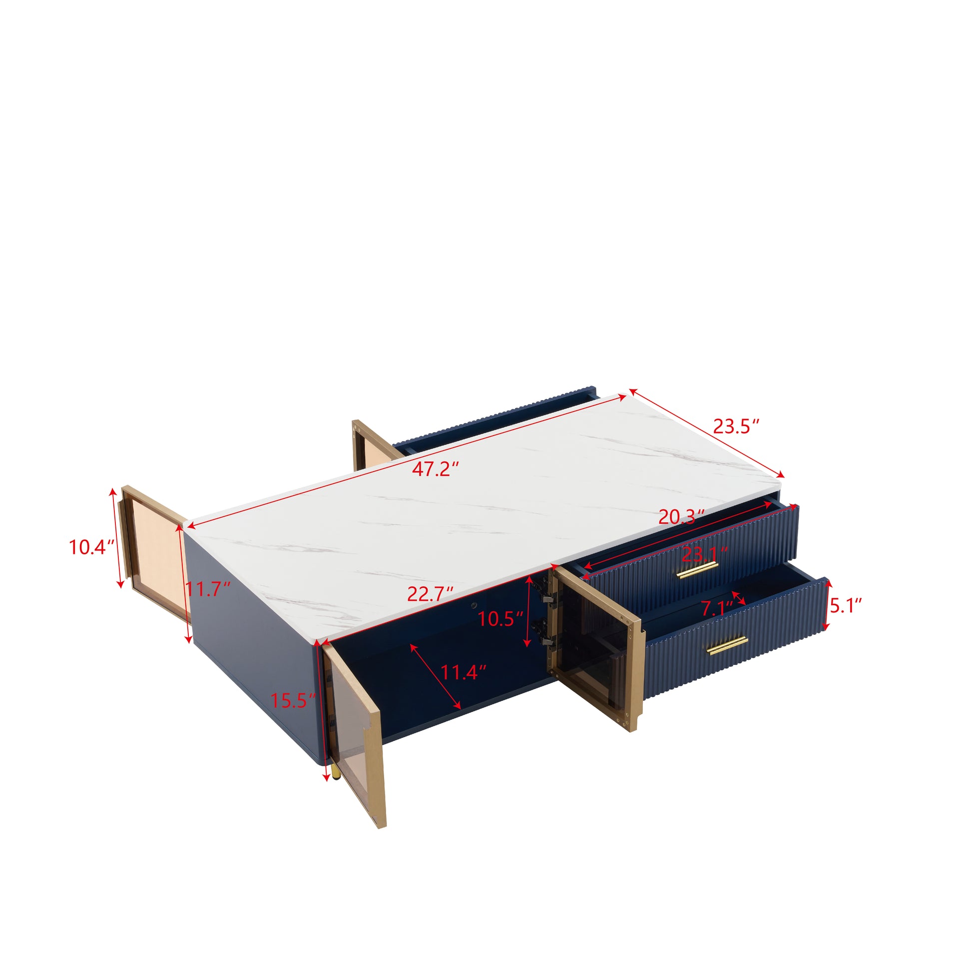 Modern Navy Blue Coffee Table With 2 Glass Door Storage, 4 Drawers, Gold Metal Legs, And Multi Color Lighting In 47.2'' Navy Blue Drawers Mdf