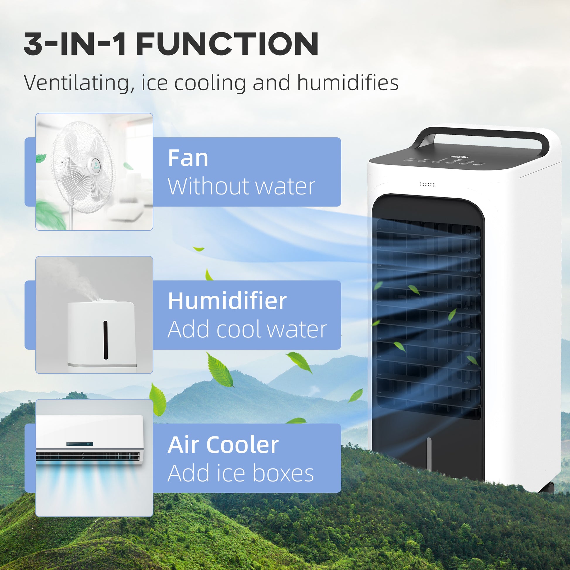 Homcom 26" Evaporative Air Cooler With Ice Packs, 3 In 1 Ice Cooling Fan, Portable Swamp Cooler With Water Tank, Timer, 90 Oscillating, Remote, For Home Office Bedroom White Abs