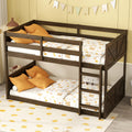 Twin Over Twin Floor Bunk Bed With Panelled Headboard And Footboard, Solid Rubber Wood Foundation With Safety Guardrails, Built In Ladder,Antique Oak Twin Antique Dark Oak Rubber Wood