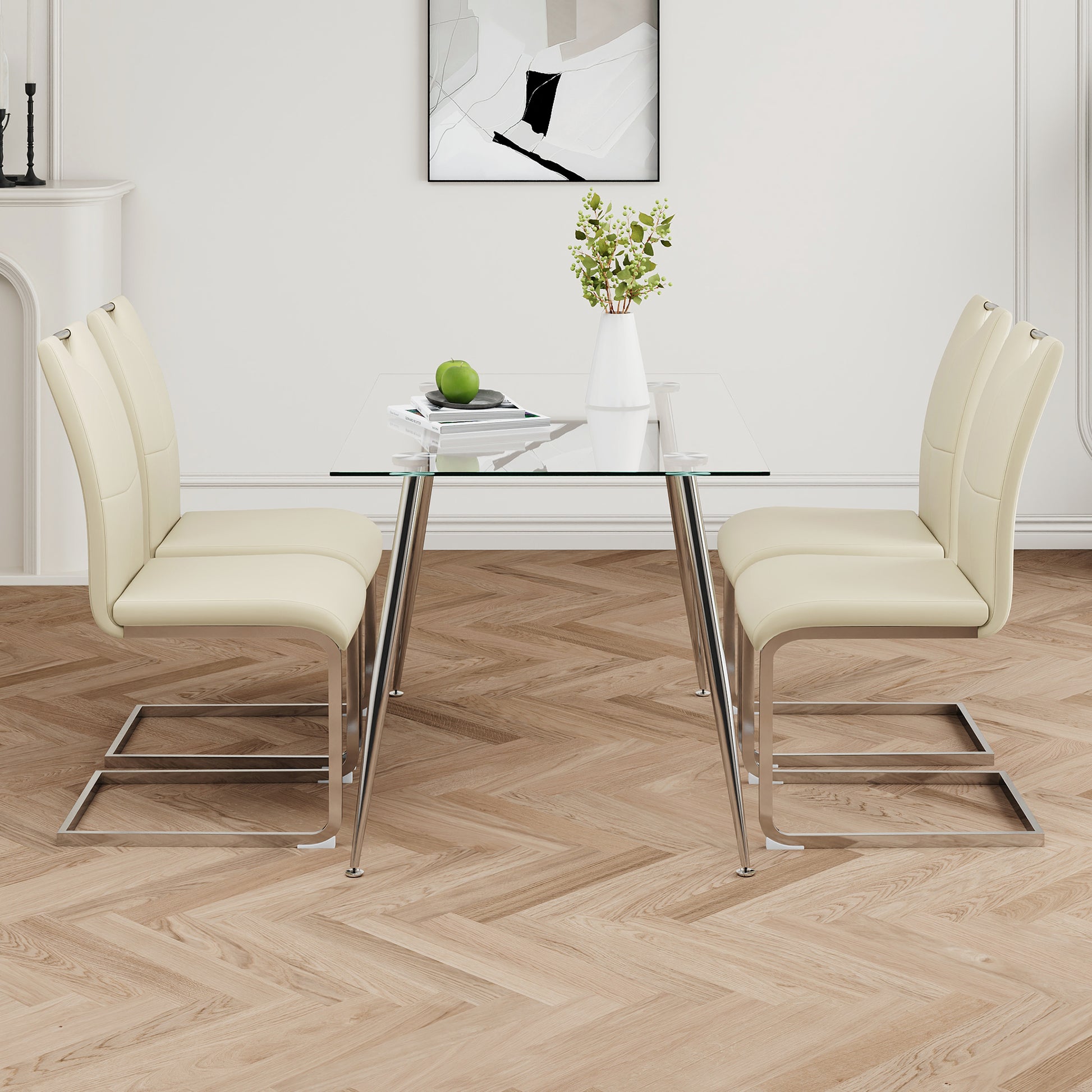 Modern Simple Rectangular Glass Dining Table, Solid Tempered Glass Tabletop, Electroplated Table Legs, Light Yellow Pu Dining Chair Set, Suitable For Restaurant Kitchen Use Set Of 5 Upholstered Chair Glass Light Yellow Seats 4 Metal Rectangular Dining