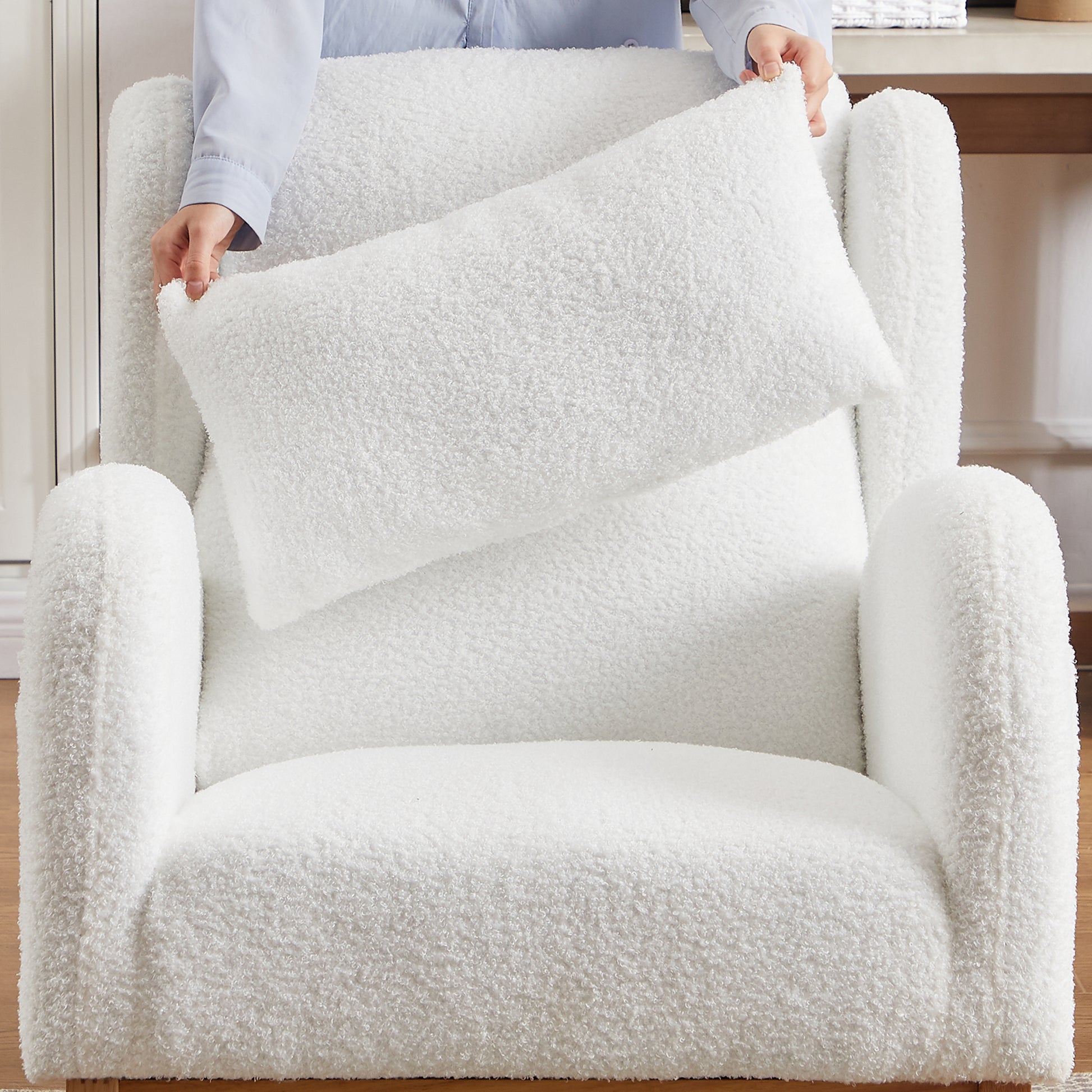 27.2"W Modern Accent High Backrest Living Room Lounge Arm Rocking Chair, Two Side Pocket Ivory Foam Fabric