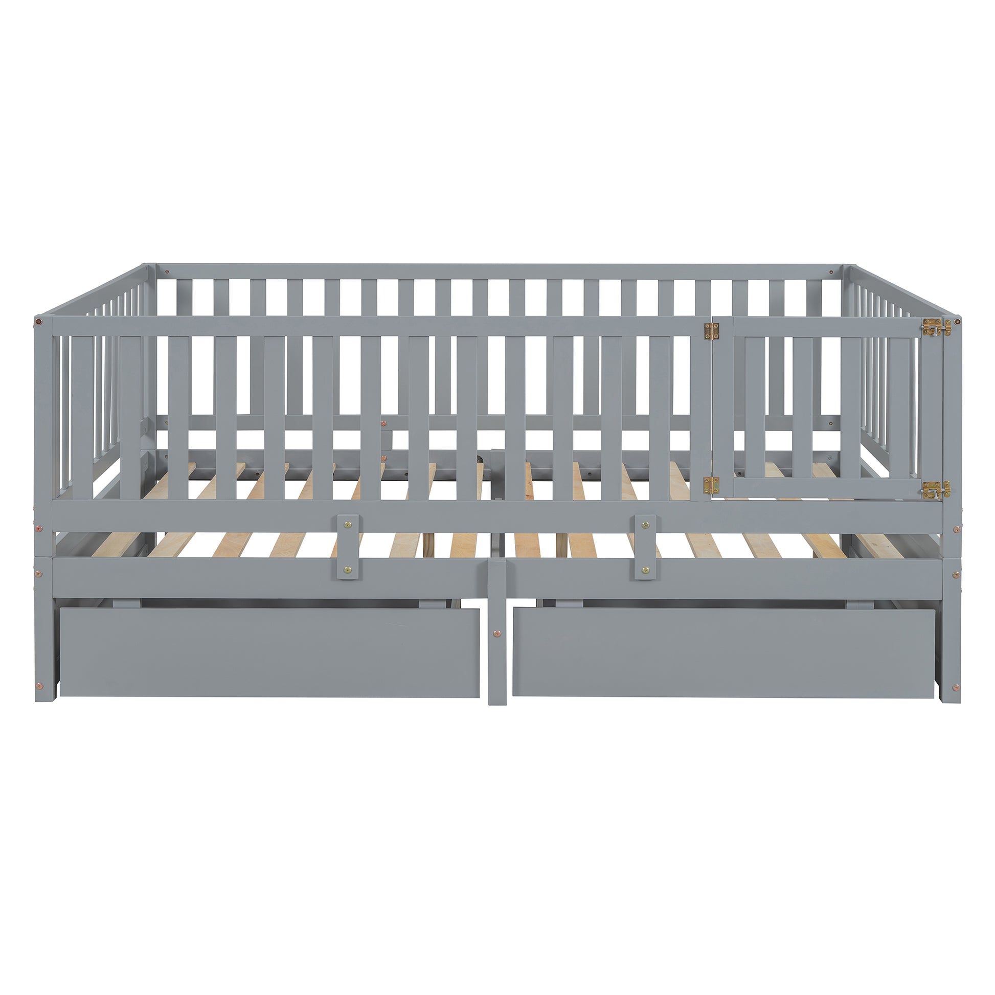 Full Size Wood Daybed With Fence Guardrails And 2 Drawers, Split Into Independent Floor Bed & Daybed, Gray Old Sku :Lp000882Aae Full Gray Solid Wood Mdf